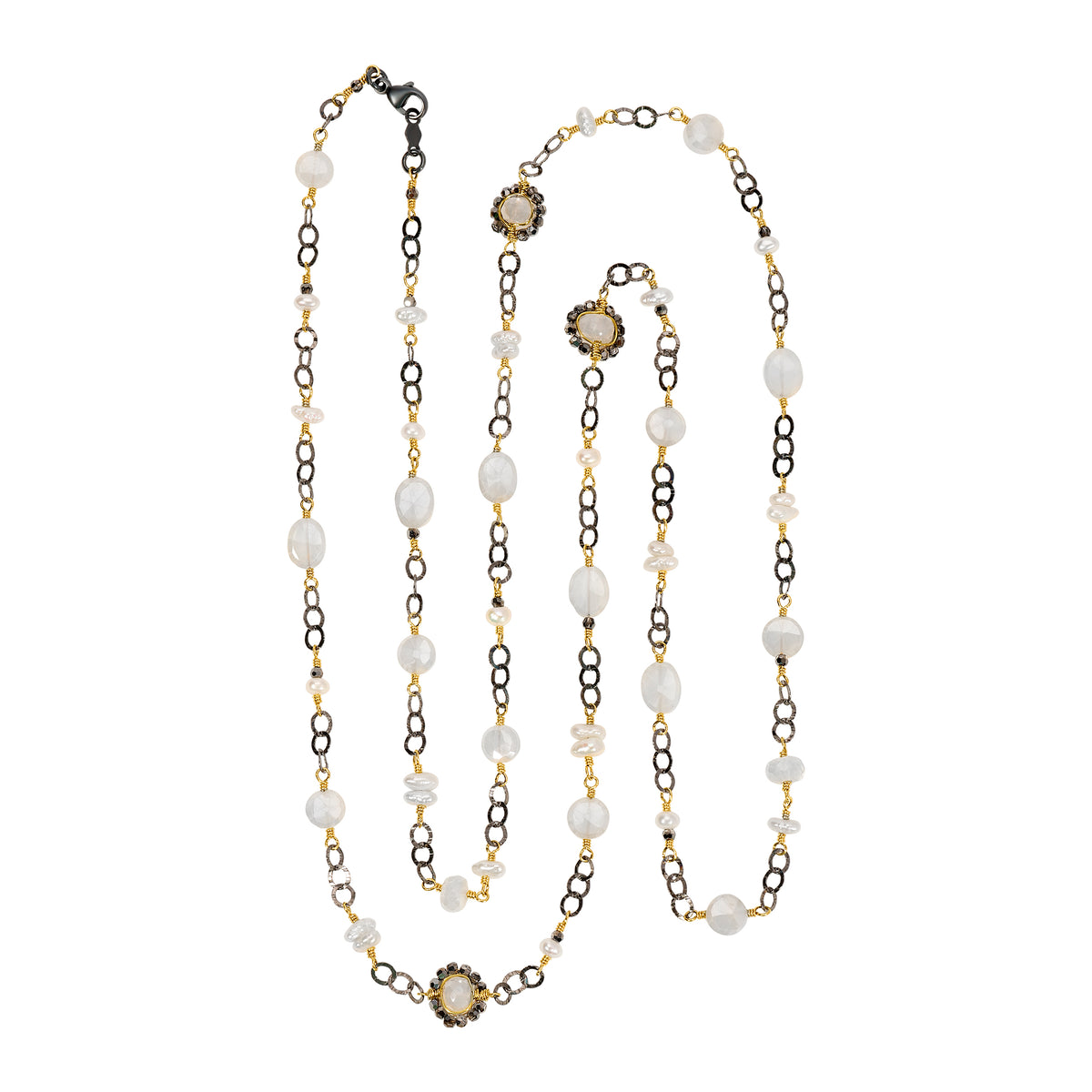 Long necklace with chalcedony, freshwater pearl, and crystal, 14k gold fill and blackened sterling silver hand wire-wrapped.