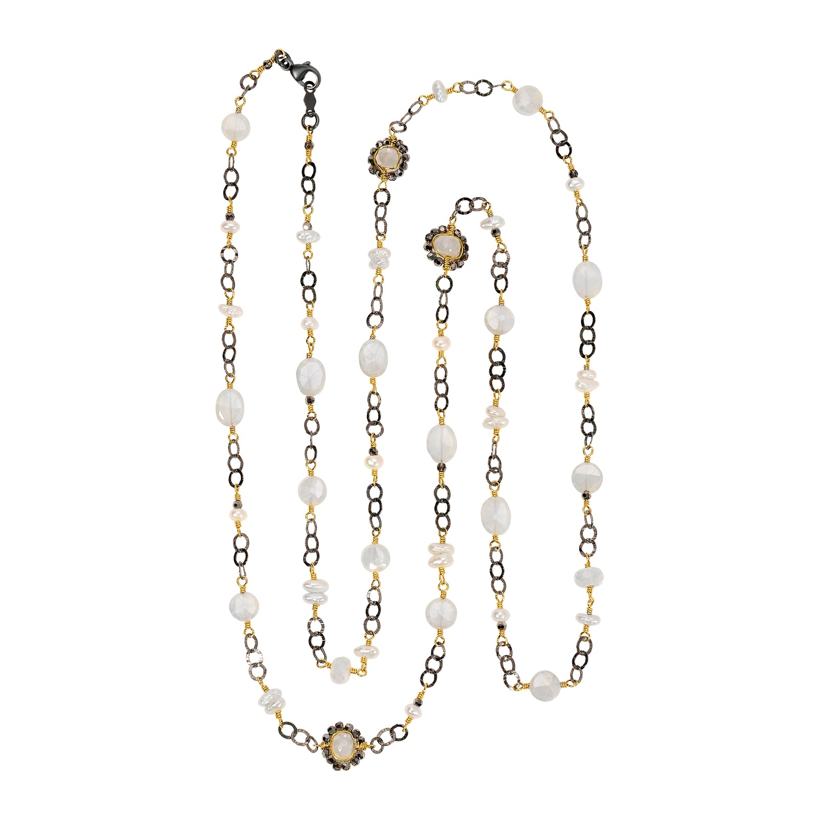 Long necklace with chalcedony, freshwater pearl, and crystal, 14k gold fill and blackened sterling silver hand wire-wrapped.