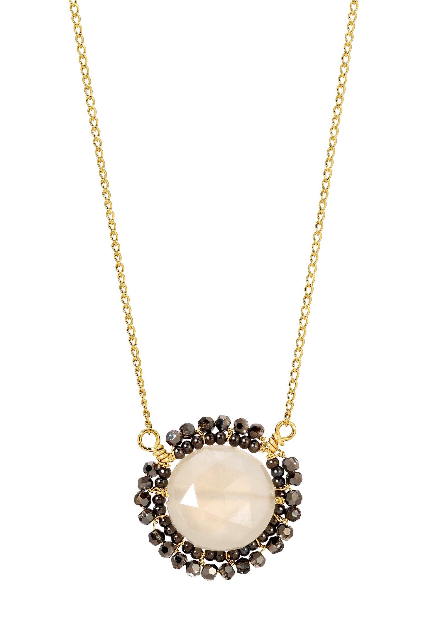 Anemone necklace with chalcedony crystal and hematite beads on a 14k gold fill chain, hand wire-wrapped in a round shape.