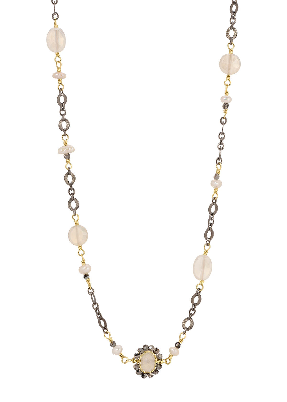 Short link necklace with chalcedony, freshwater pearl, and crystal, hand wire-wrapped in 14k gold fill and blackened silver.