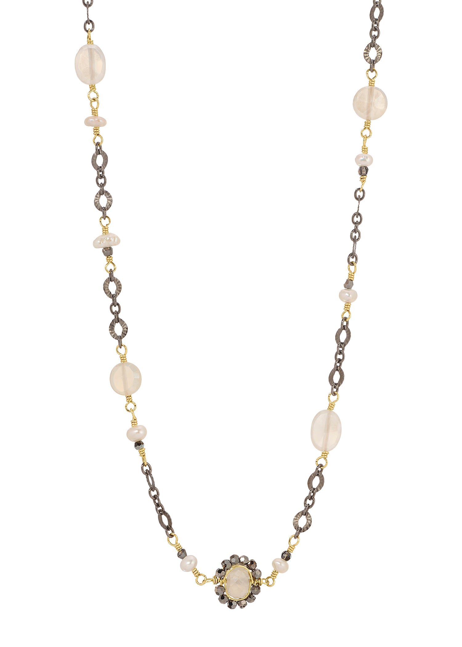 Short link necklace with chalcedony, freshwater pearl, and crystal, hand wire-wrapped in 14k gold fill and blackened silver.