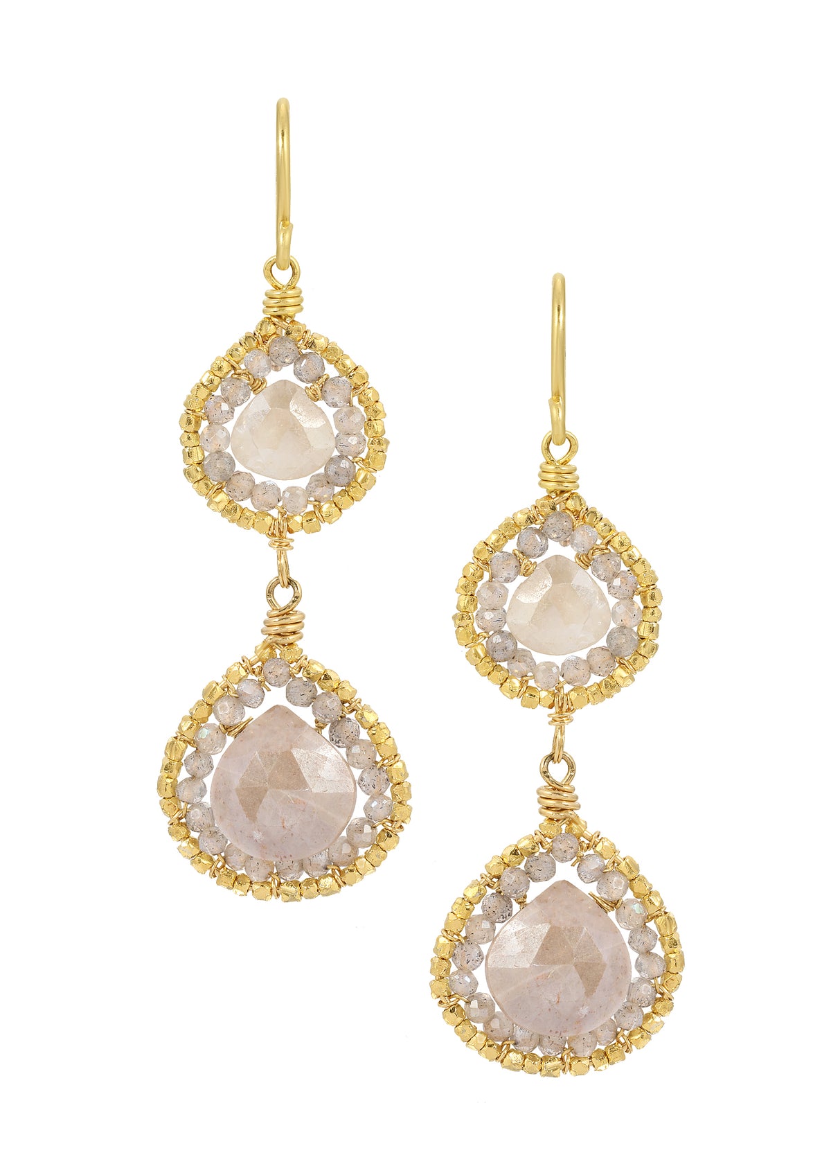 Silverite and labradorite double earrings in 14k gold fill with hand wire-wrapped circular and teardrop frames.