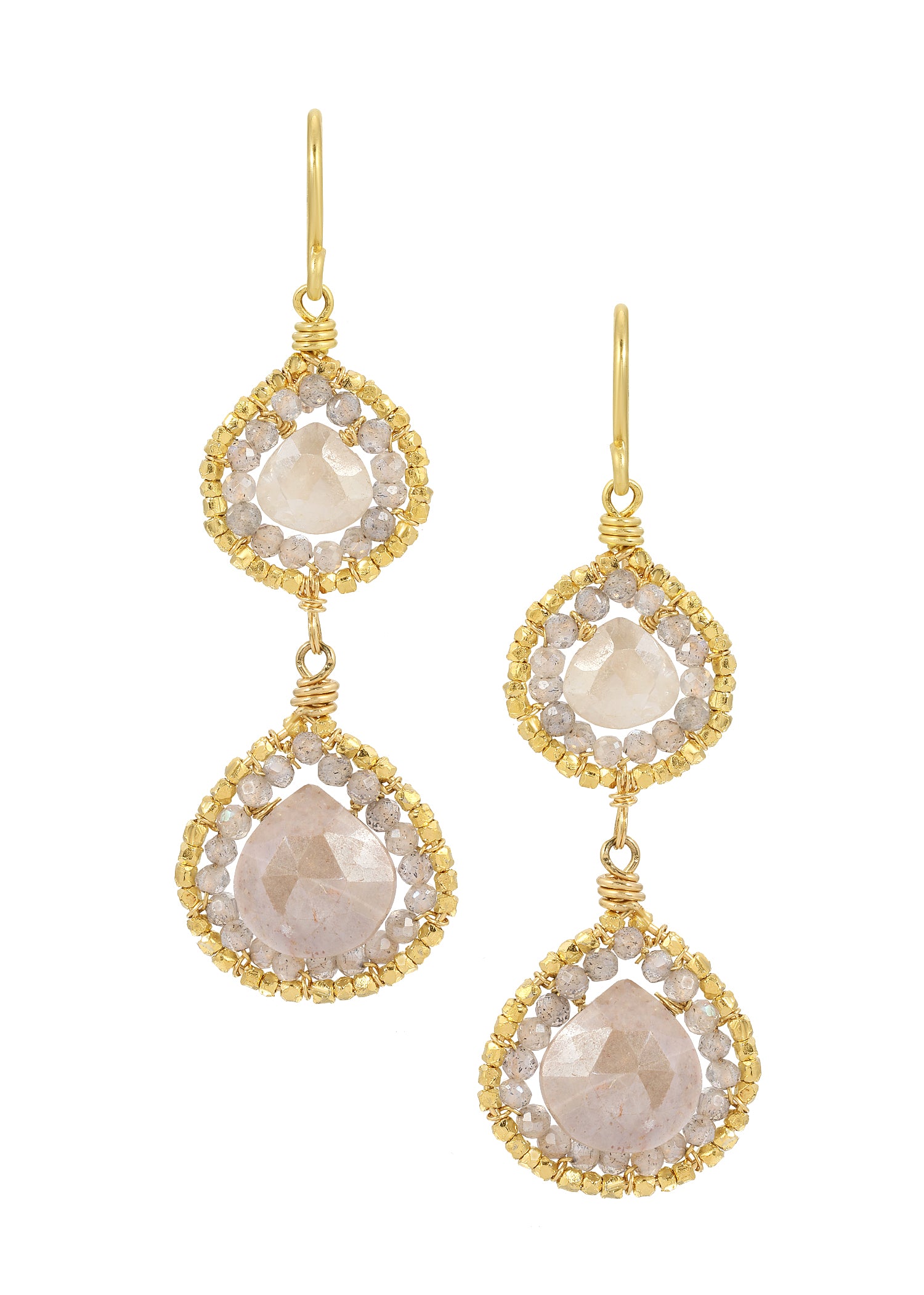 Silverite and labradorite double earrings in 14k gold fill with hand wire-wrapped circular and teardrop frames.