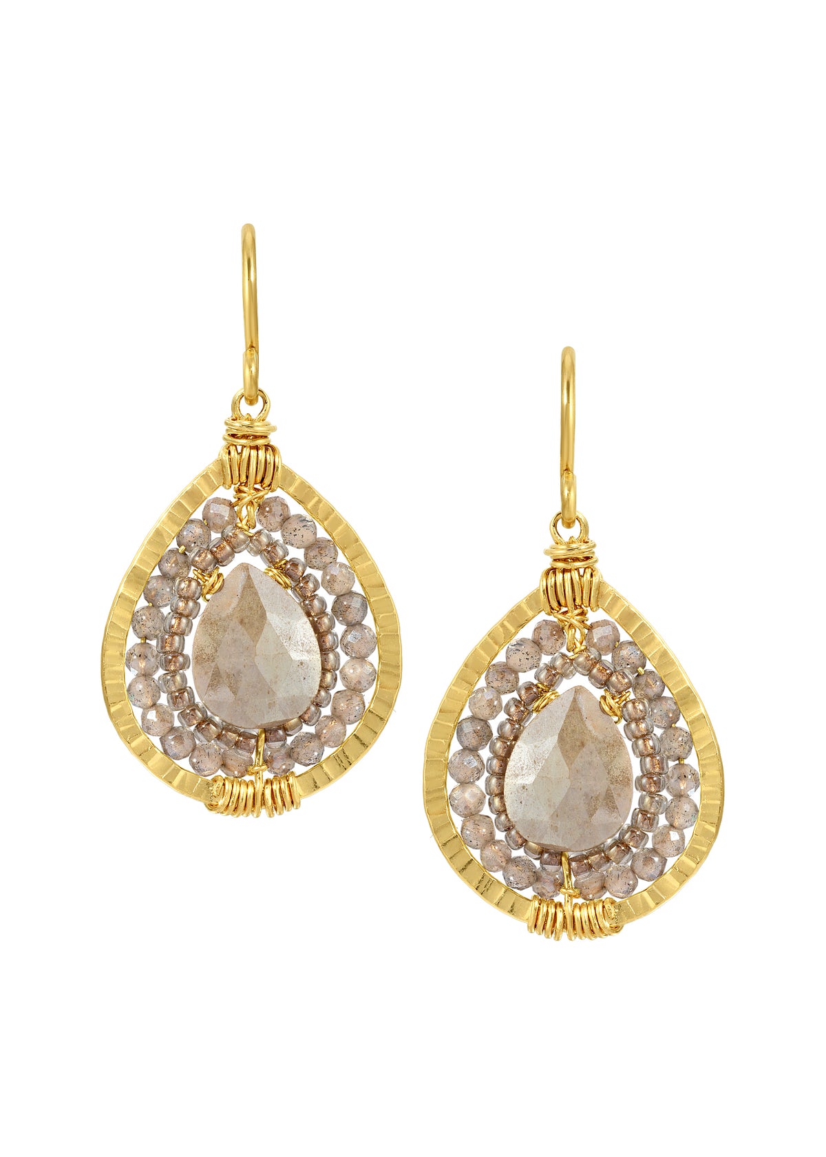 Labradorite earrings in 14k gold fill with hand wire-wrapped silverite beads in a textured teardrop shape.