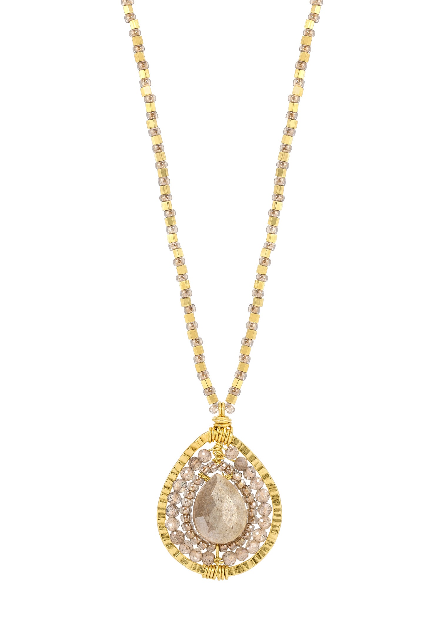 Silverite labradorite necklace with 14k gold fill hand wire-wrapped teardrop pendant and tonal seed bead chain.