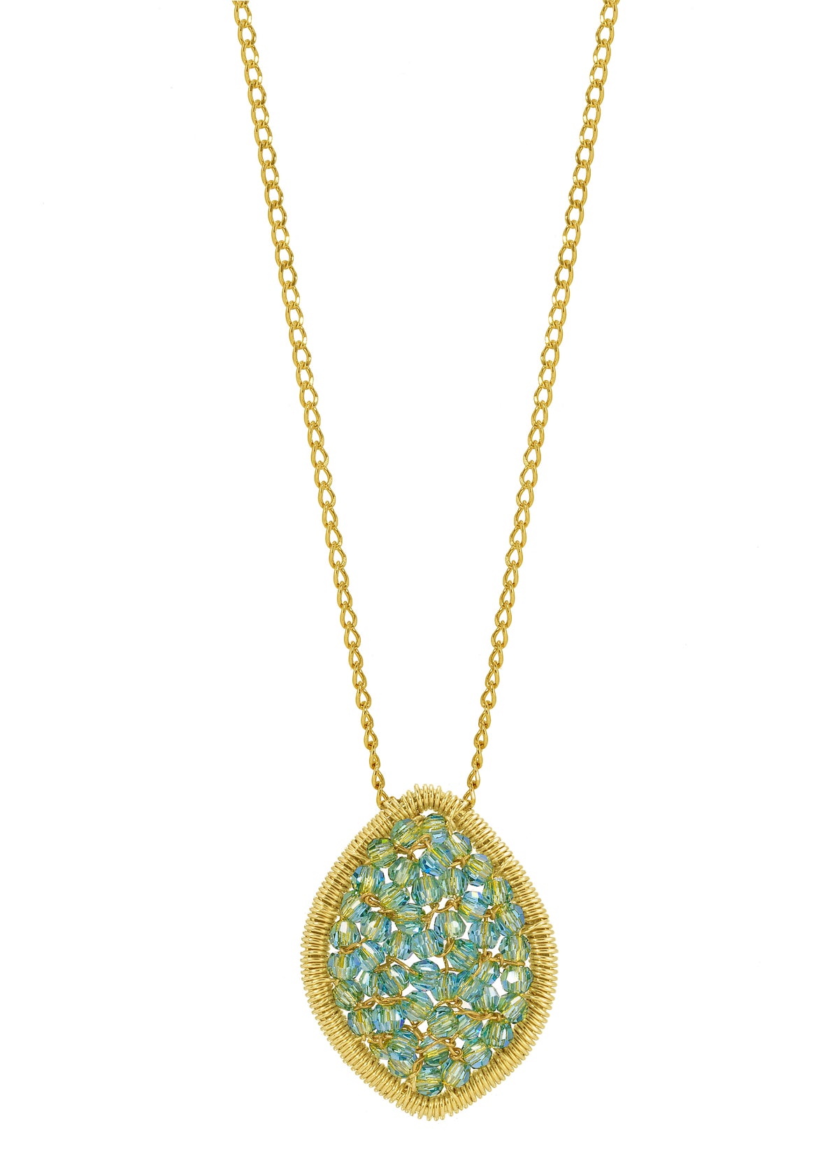 Necklace with aqua crystal marquise pendant, hand wire-wrapped in 14k gold fill on a delicate curb chain.