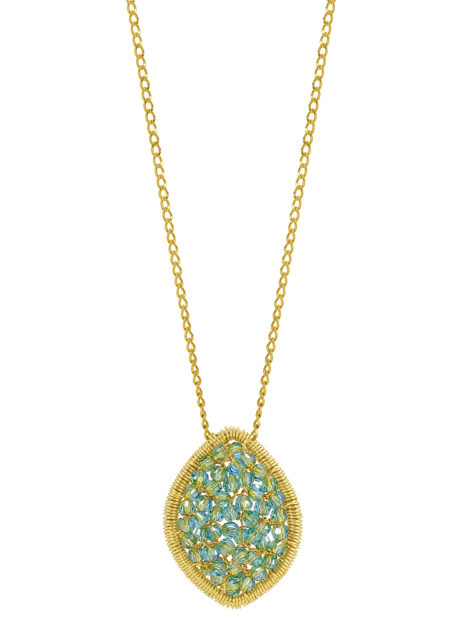 Necklace with aqua crystal marquise pendant, hand wire-wrapped in 14k gold fill on a delicate curb chain.