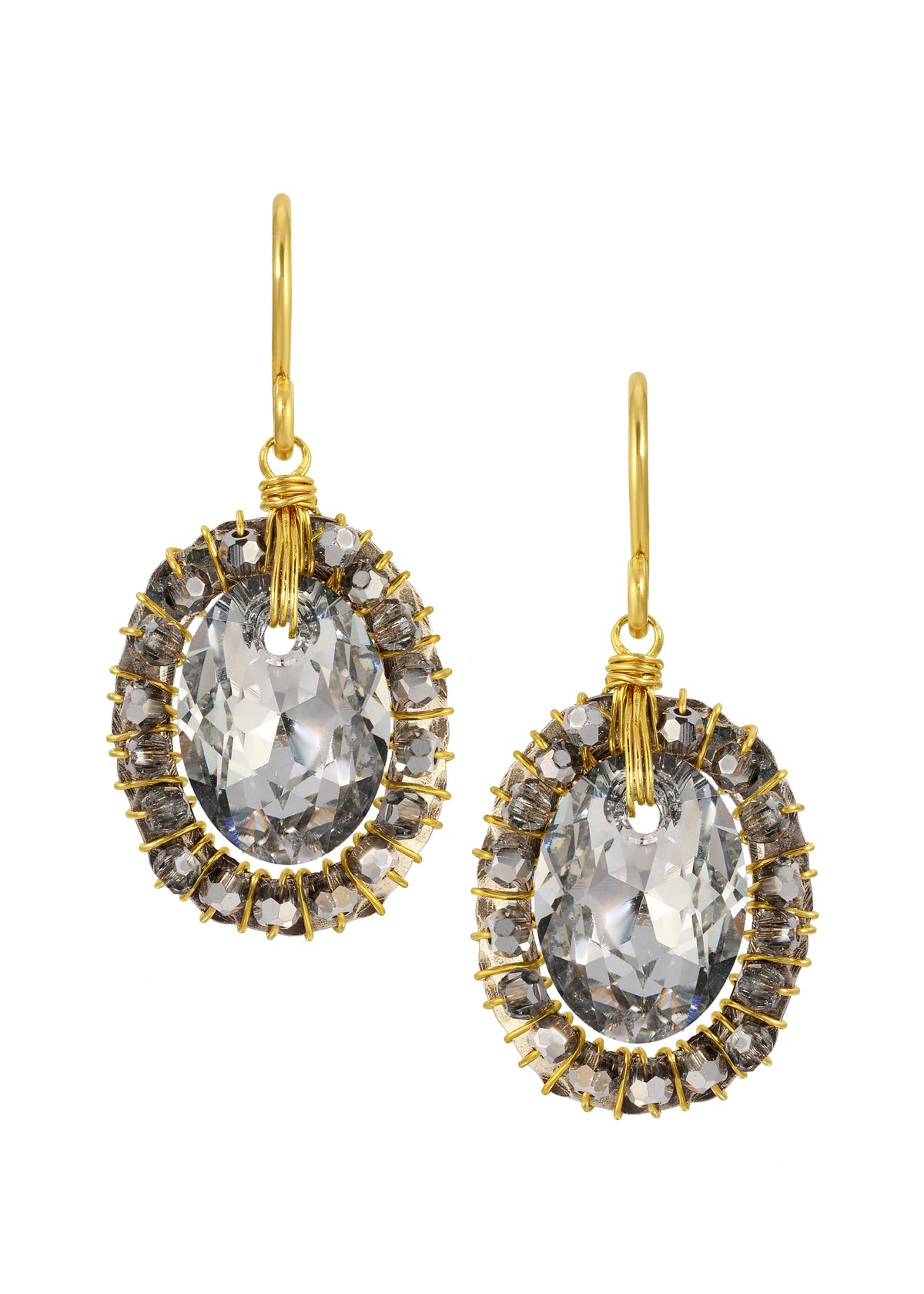 Ayla earrings with faceted crystal ovals, 14k gold fill, and hand wire-wrapped metallic crystal halos.