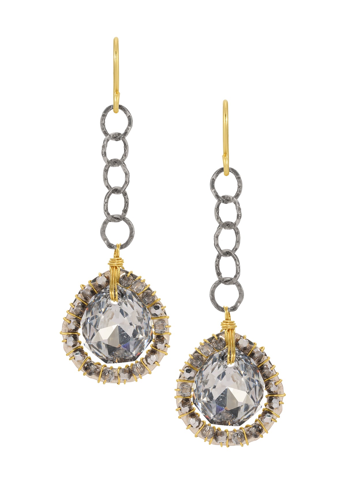 Teardrop earrings with crystal, 14k gold fill, and sterling silver chain, featuring hand wire-wrapped metallic crystals.