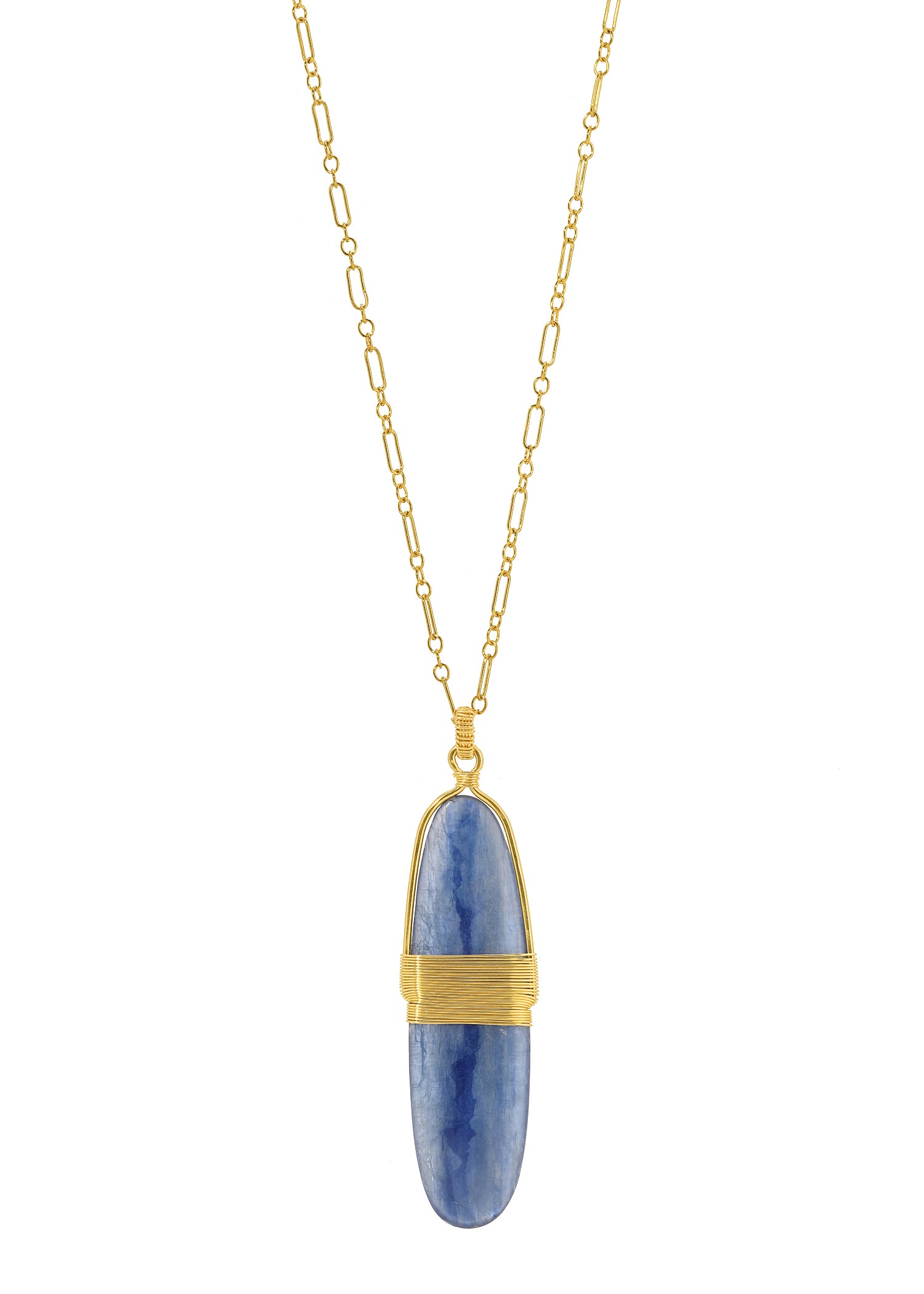 Banded kyanite necklace with a hand wire-wrapped 14k gold fill oval pendant on a long chain.