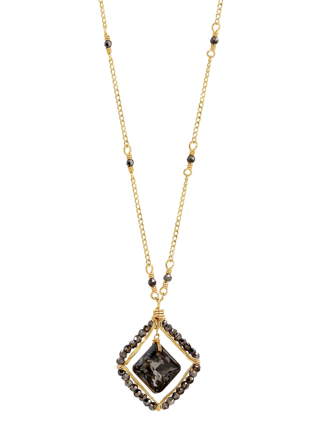 Black diamond crystal necklace in 14k gold fill with a hand wire-wrapped square pendant on a delicate chain.
