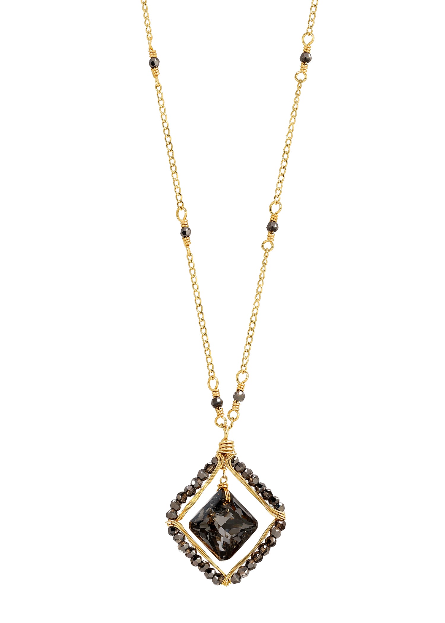 Black diamond crystal necklace in 14k gold fill with a hand wire-wrapped square pendant on a delicate chain.