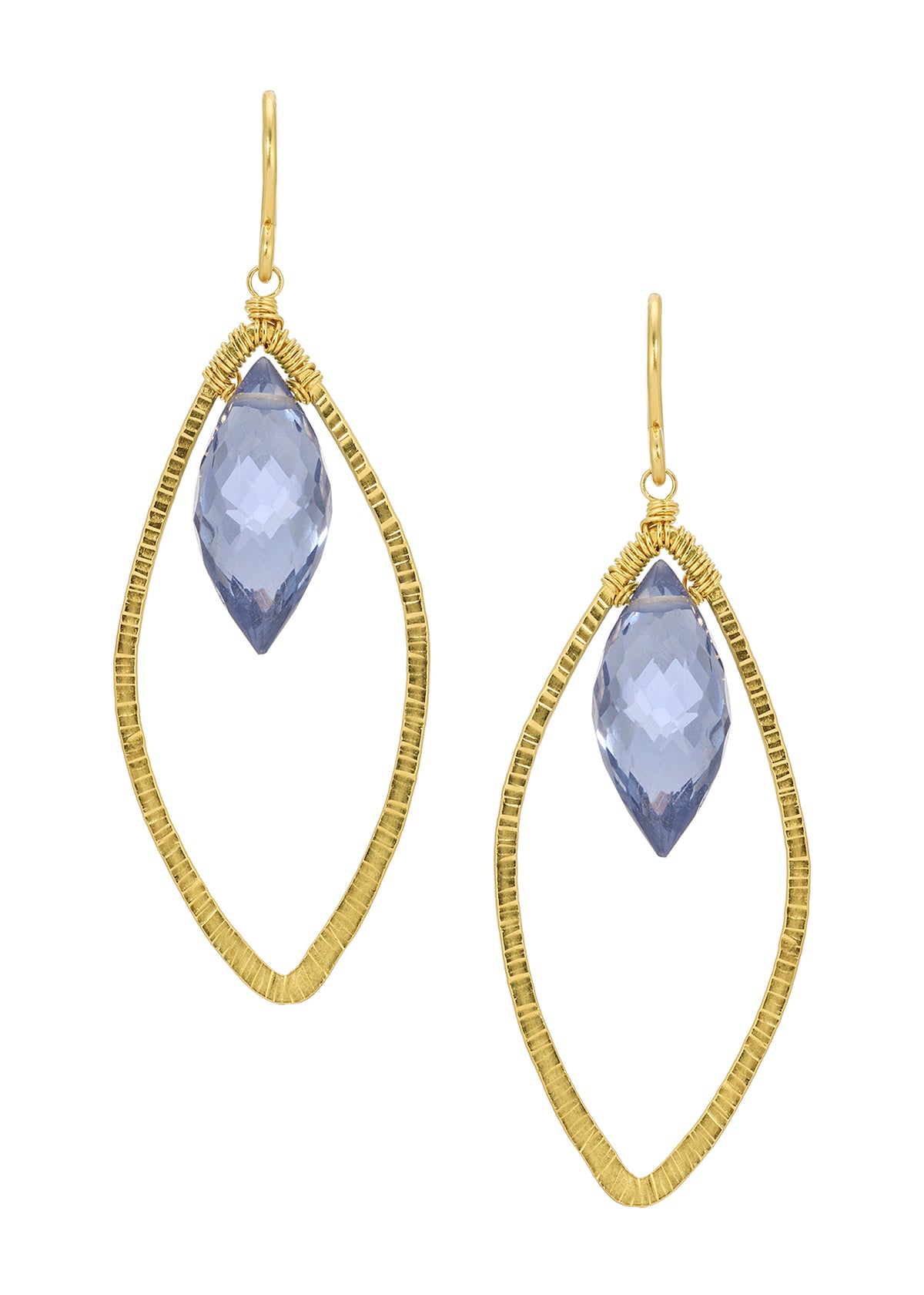 Blue quartz earrings in 14k gold fill with hand wire-wrapped, faceted, cylindrical marquis briolettes in textured frames.