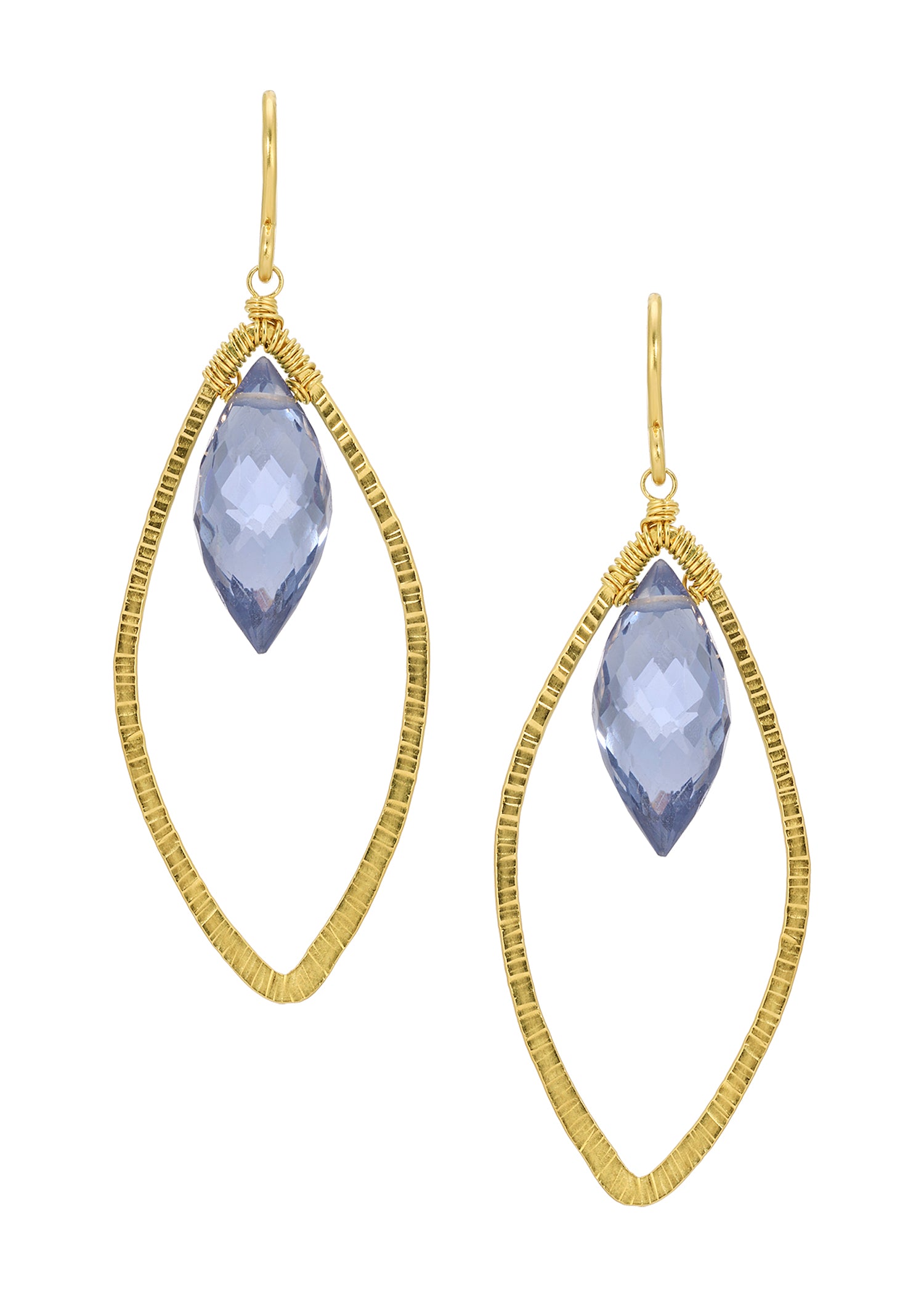 Blue quartz earrings in 14k gold fill with hand wire-wrapped, faceted, cylindrical marquis briolettes in textured frames.
