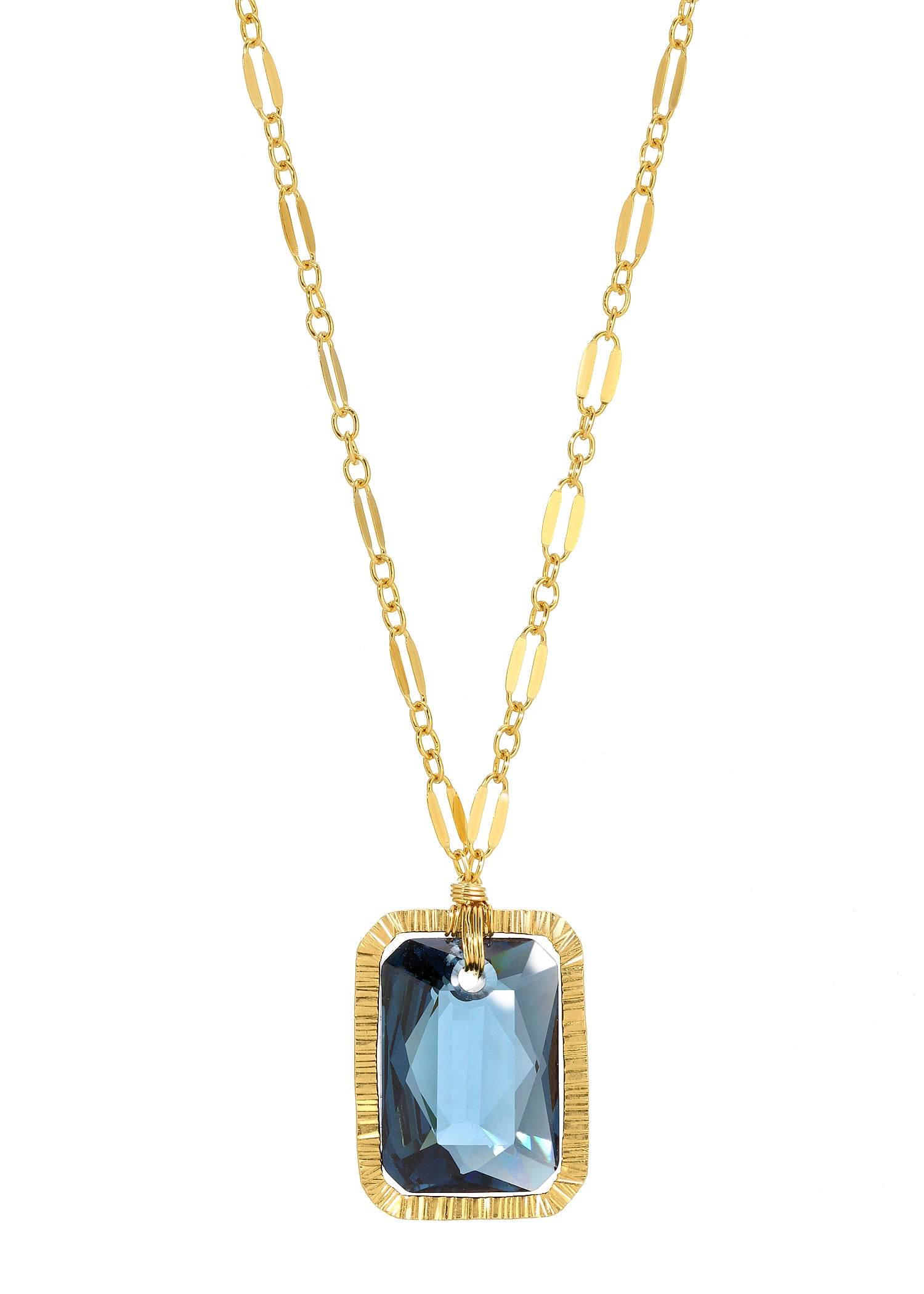 Blue crystal necklace on a 14k gold fill chain with a hand wire-wrapped rectangular pendant.