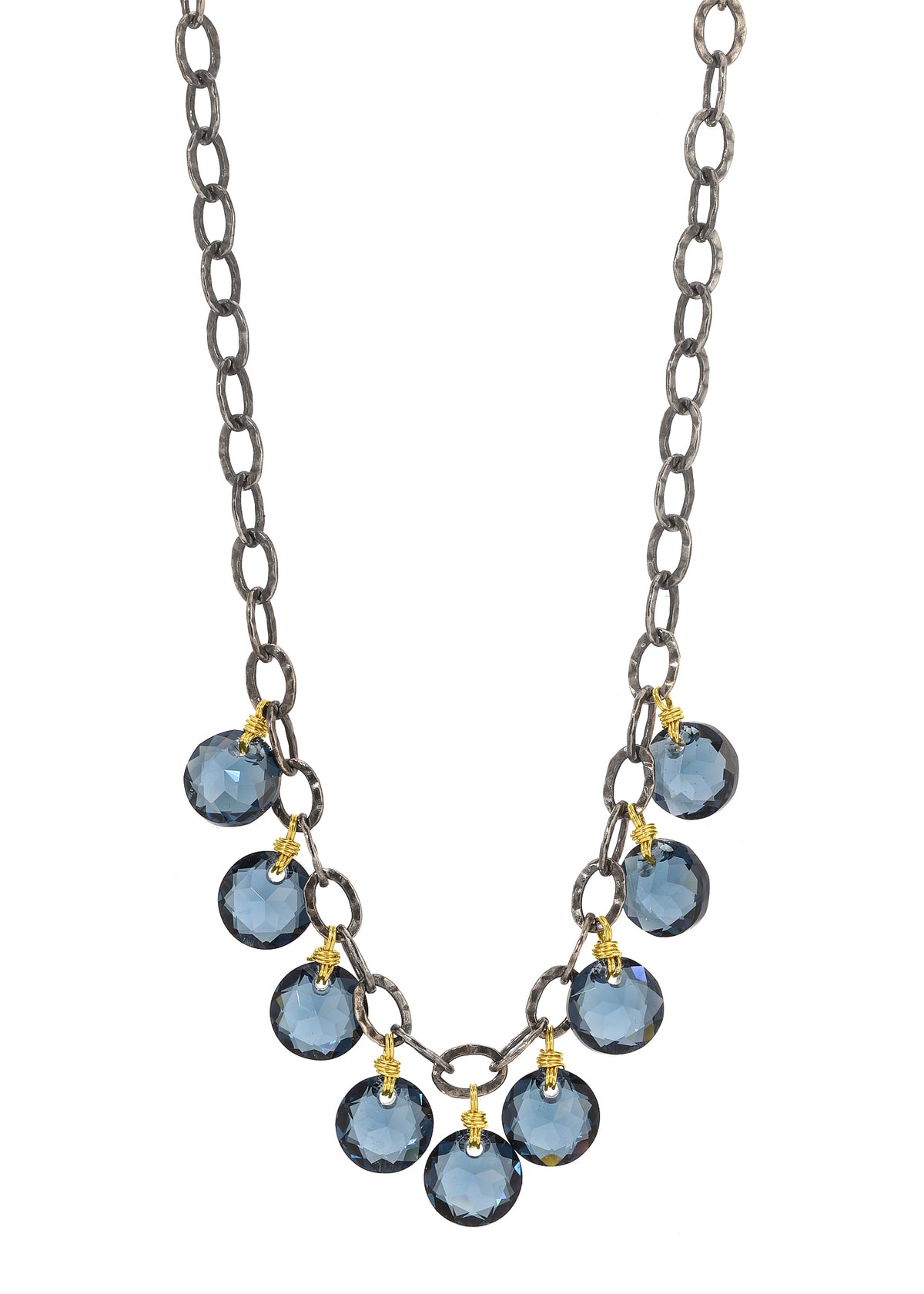 Bib necklace with blue faceted crystals, 14k gold fill wire, and a blackened sterling silver textured chain.