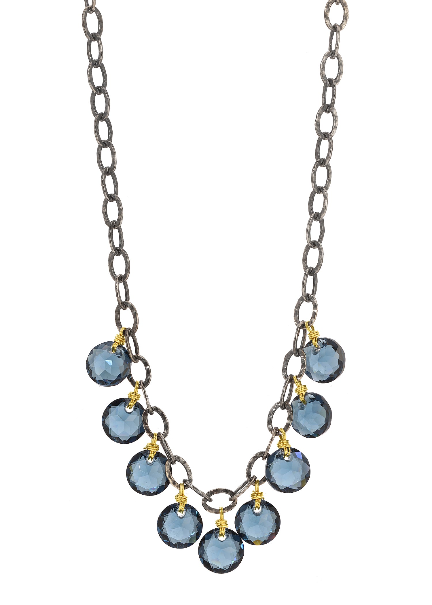Bib necklace with blue faceted crystals, 14k gold fill wire, and a blackened sterling silver textured chain.