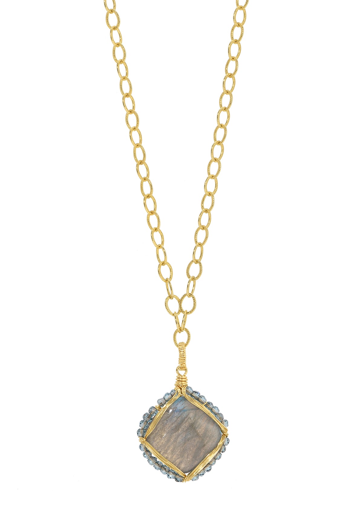 Labradorite pendant necklace in 14k gold fill with hand wire-wrapped blue crystals on a textured oval link chain.