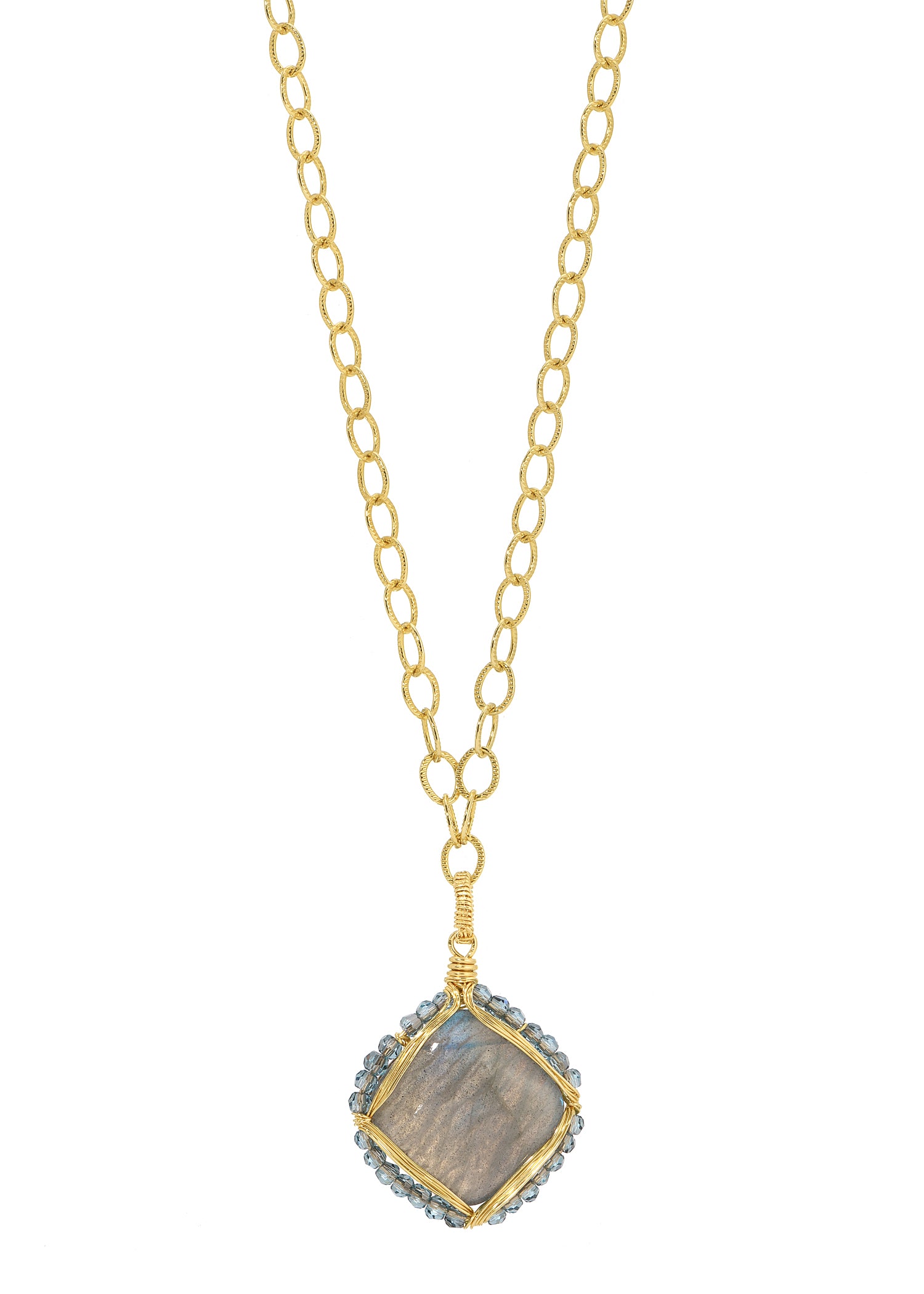 Labradorite pendant necklace in 14k gold fill with hand wire-wrapped blue crystals on a textured oval link chain.