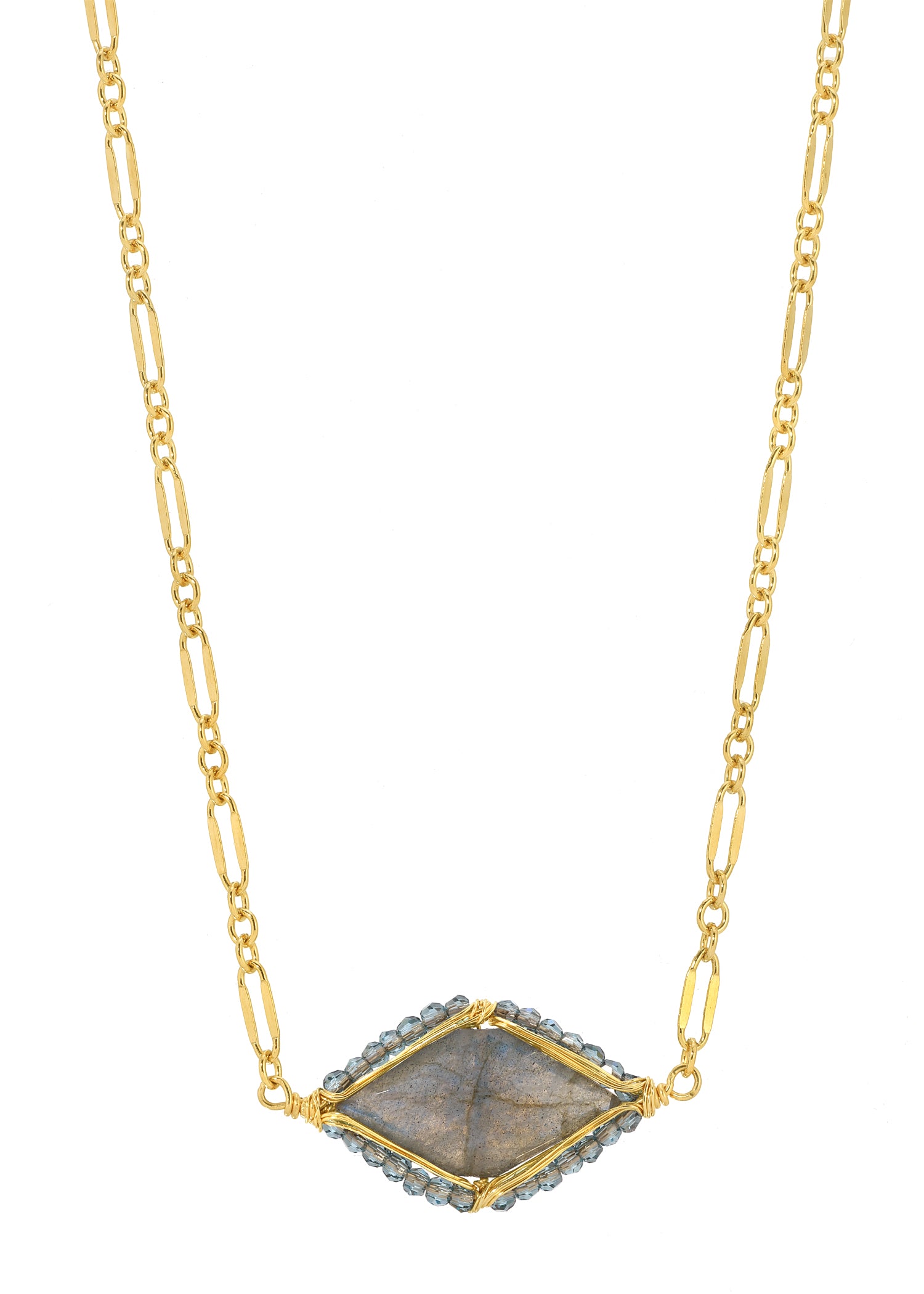 Labradorite necklace with 14k gold fill chain and hand wire-wrapped blue crystal border on a diamond-shaped pendant.