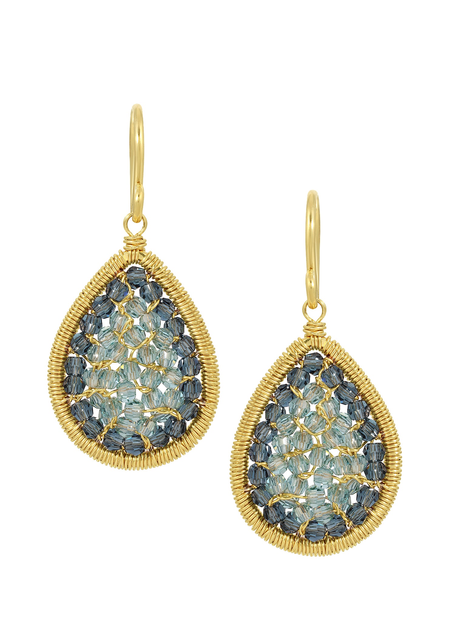 Mosaic teardrop earrings in 14k gold fill with blue crystal beads and hand wire-wrapped frames.