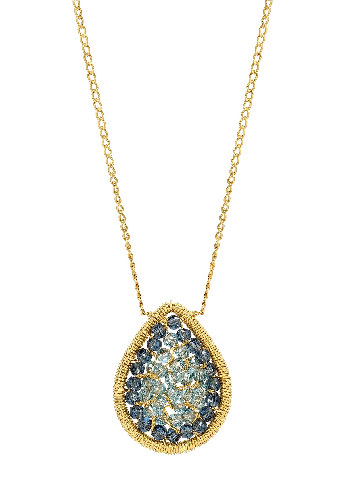 Teardrop necklace with blue crystal mosaic in hand wire-wrapped 14k gold fill on a matching chain.