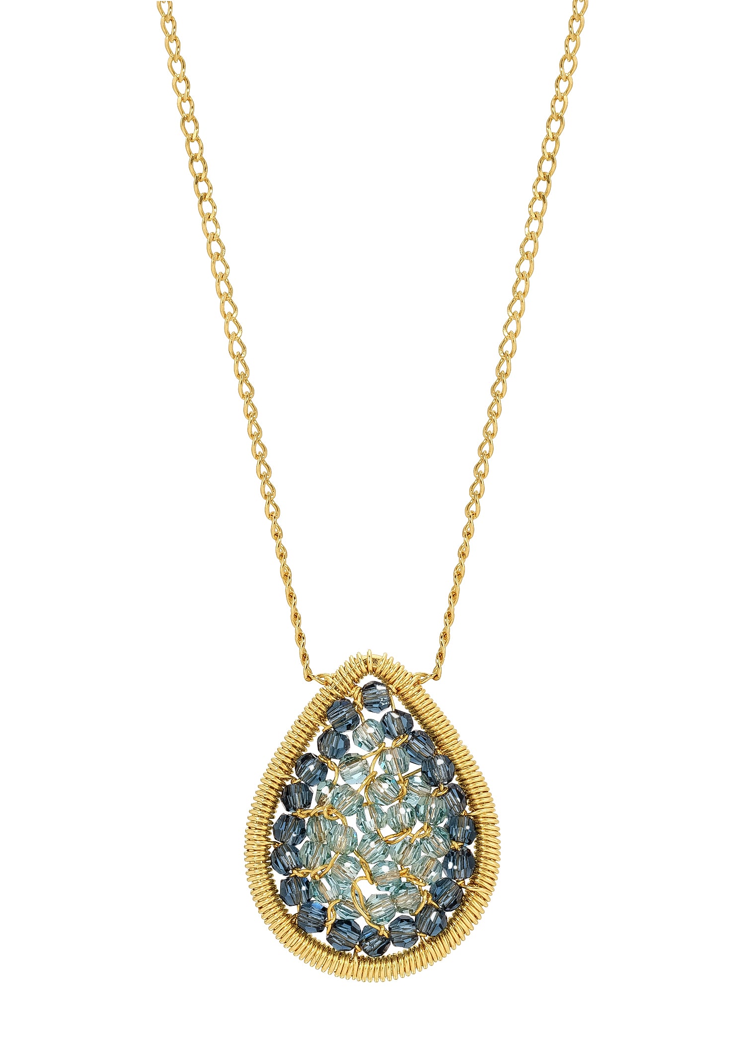 Teardrop necklace with blue crystal mosaic in hand wire-wrapped 14k gold fill on a matching chain.