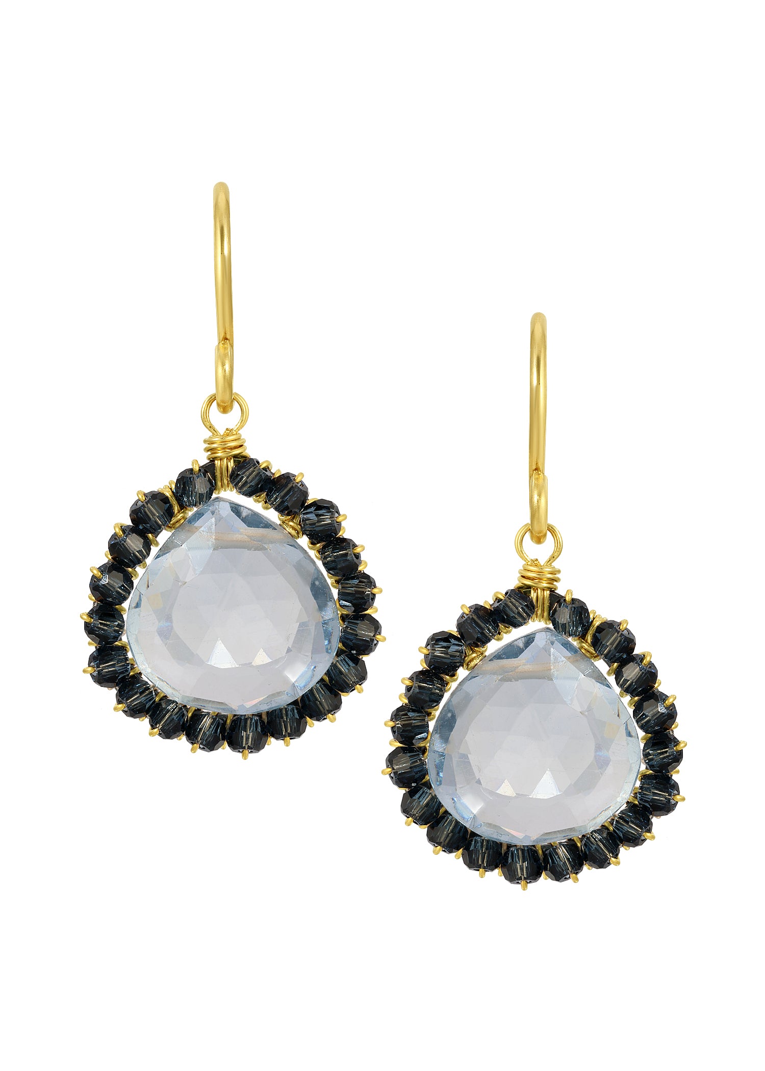 Aqua quartz earrings with indigo crystal, hand wire-wrapped in 14k gold fill and blackened sterling silver.