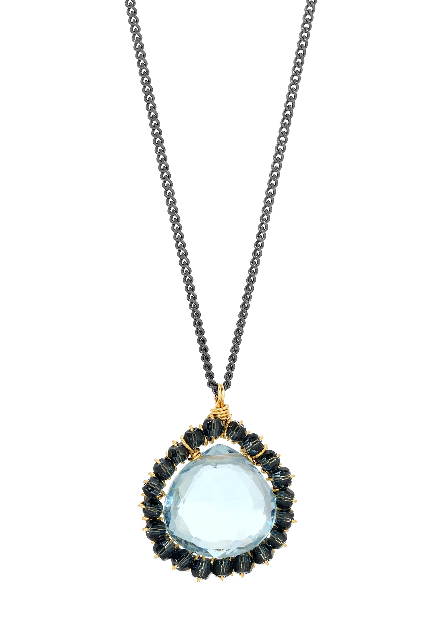 Aqua quartz necklace with indigo crystal, 14k gold fill wire, and blackened sterling silver chain.