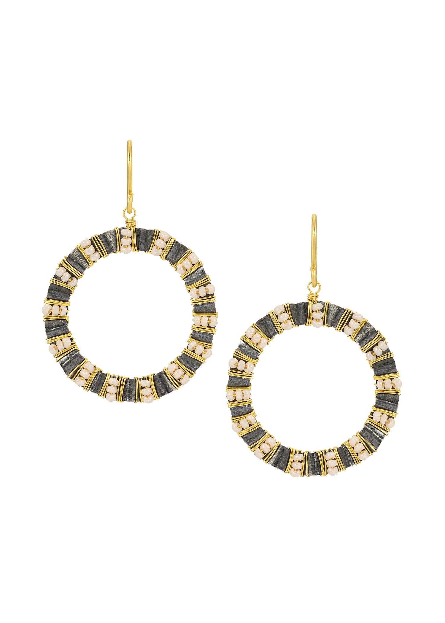 Ruffled circle earrings with seed beads, 14k gold fill, and blackened sterling silver, hand wire-wrapped in a round shape.
