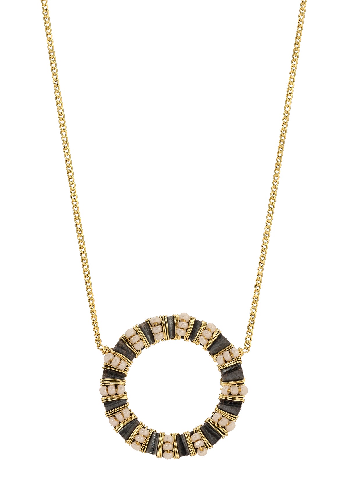 Cady necklace with pearlescent seed beads and blackened sterling silver on a 14k gold fill chain in a ruffled circle.