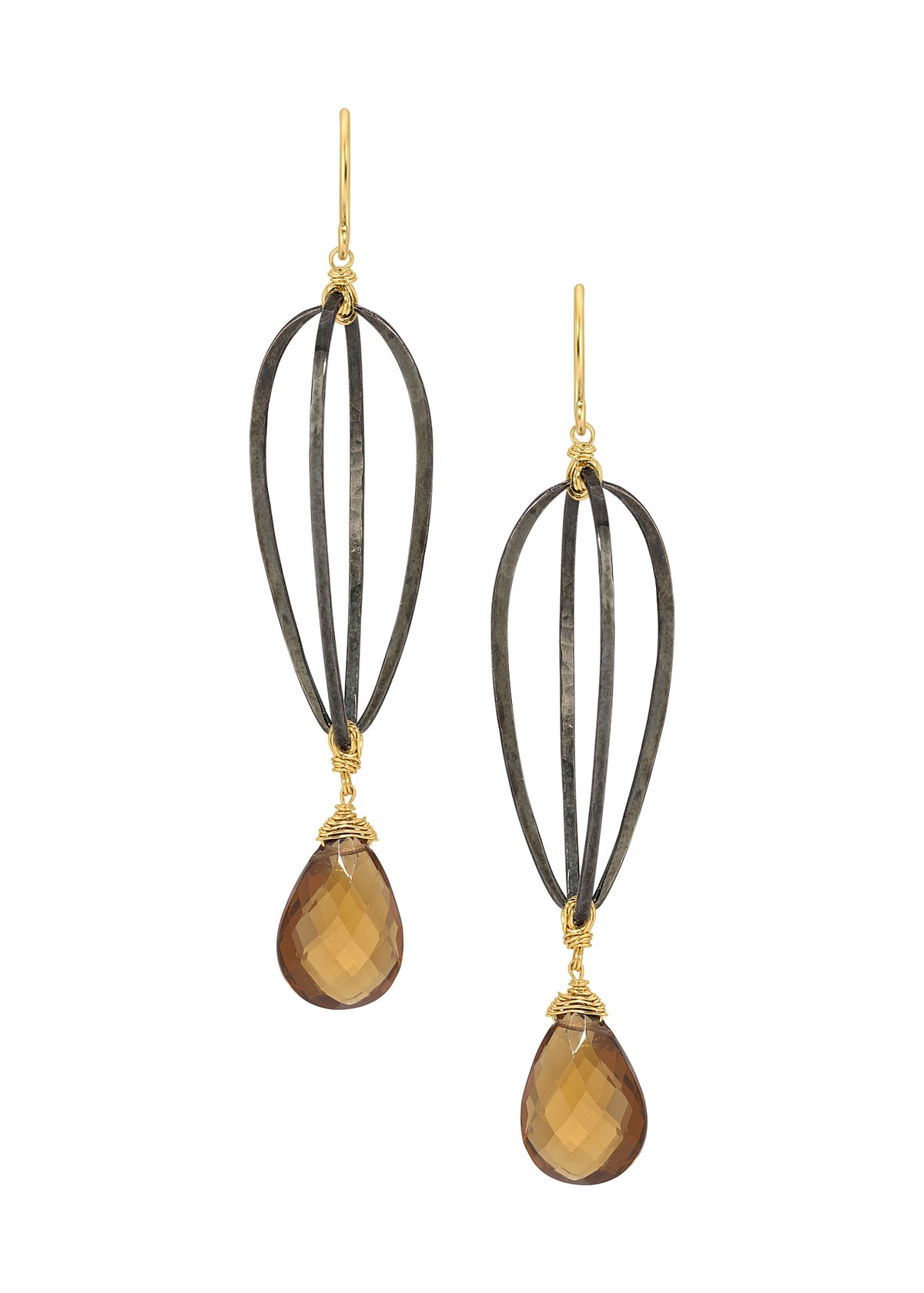 Whiskey quartz cage earrings in blackened sterling silver and 14k gold fill with hand wire-wrapped teardrop stones.