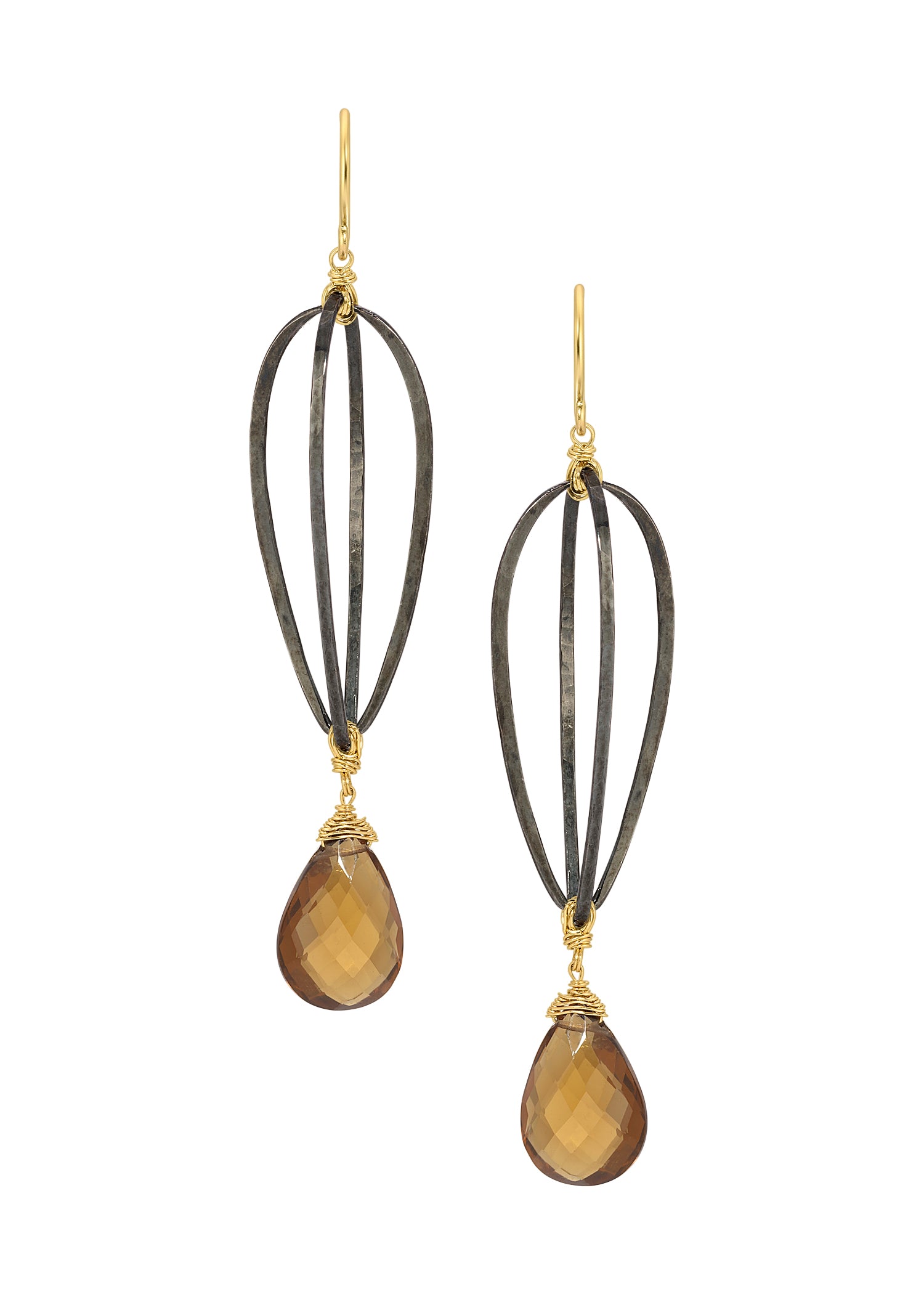 Whiskey quartz cage earrings in blackened sterling silver and 14k gold fill with hand wire-wrapped teardrop stones.