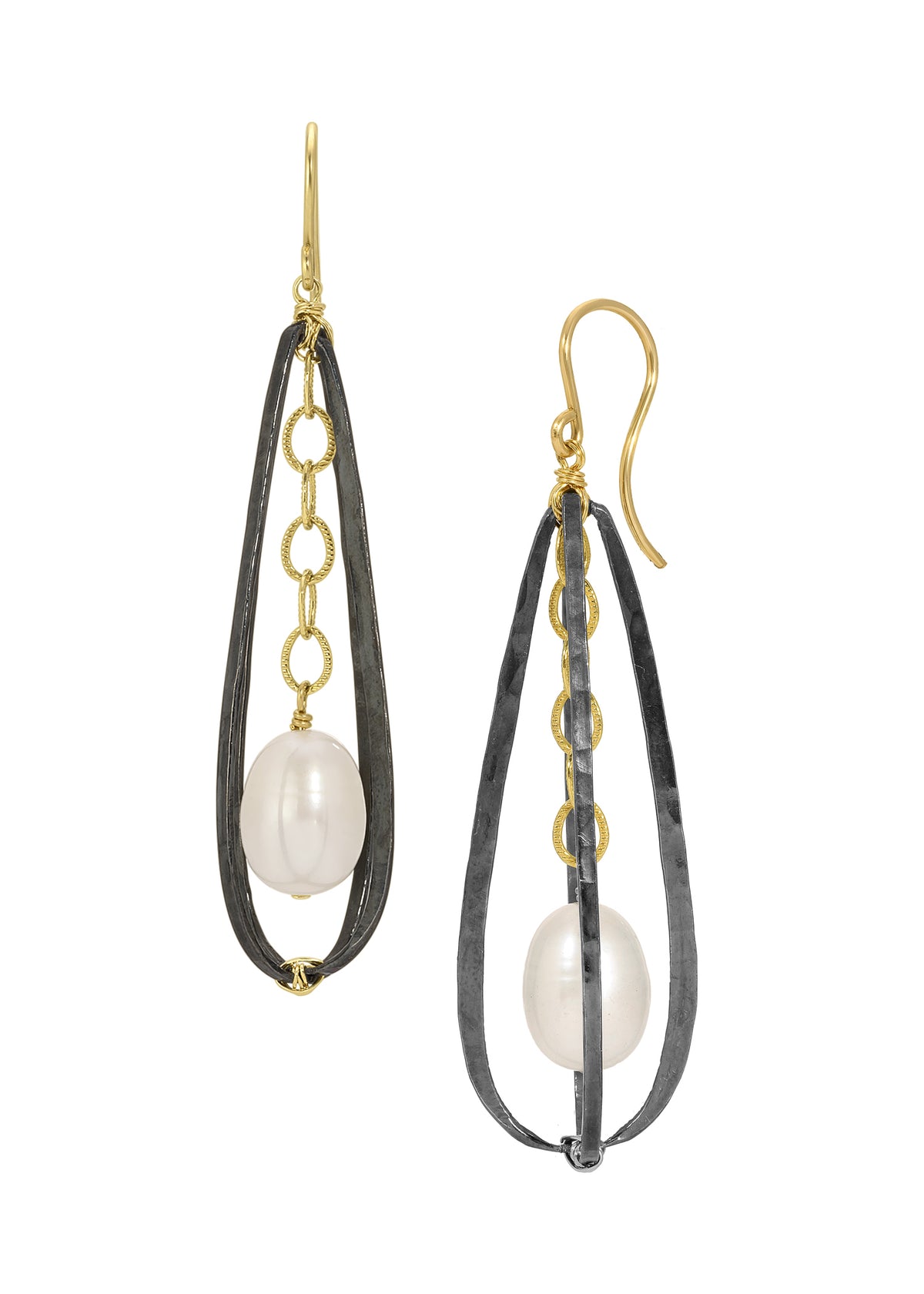 Freshwater pearl earrings in blackened sterling silver and 14k gold fill with a caged teardrop design.