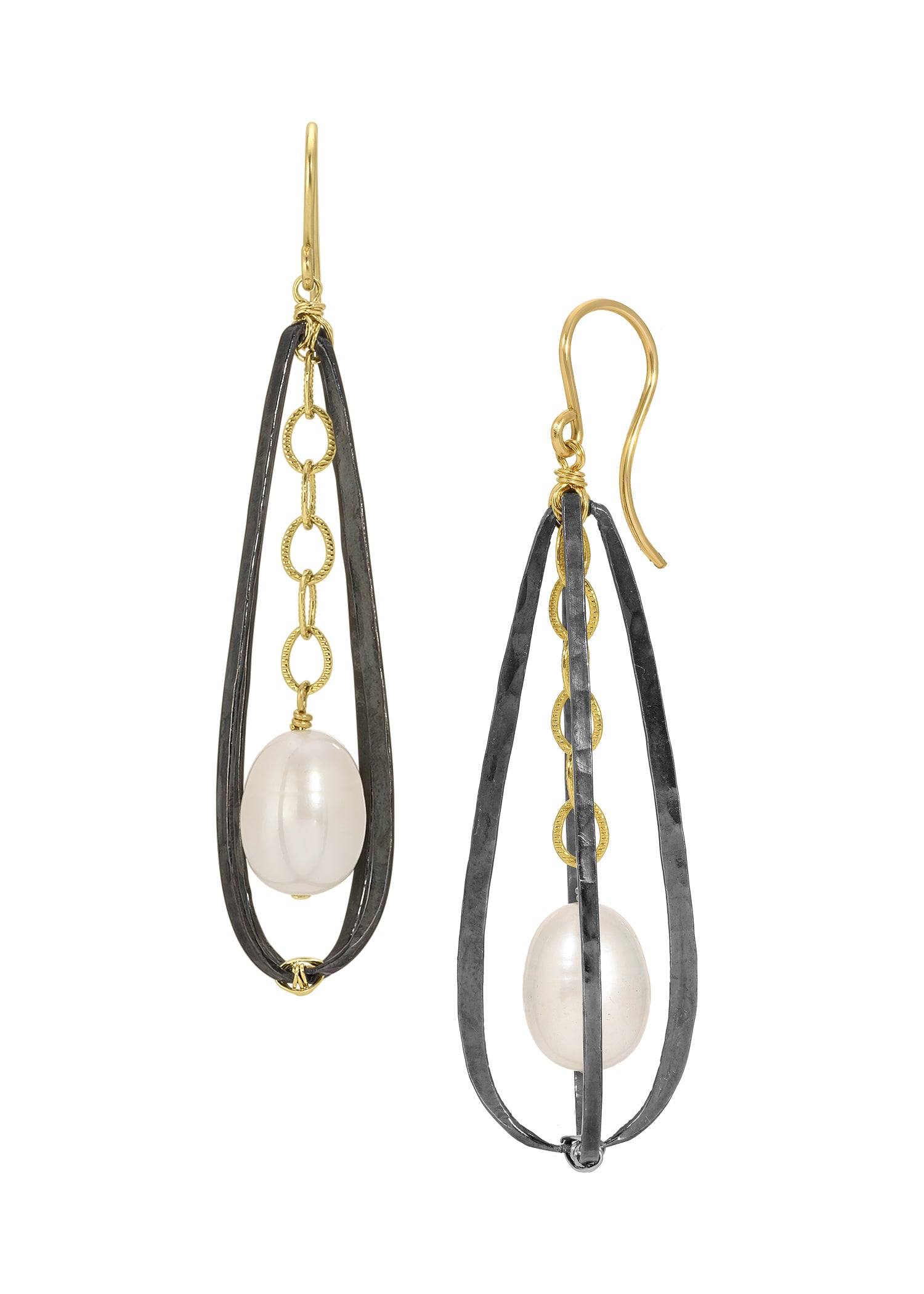 Freshwater pearl earrings in blackened sterling silver and 14k gold fill with a caged teardrop design.