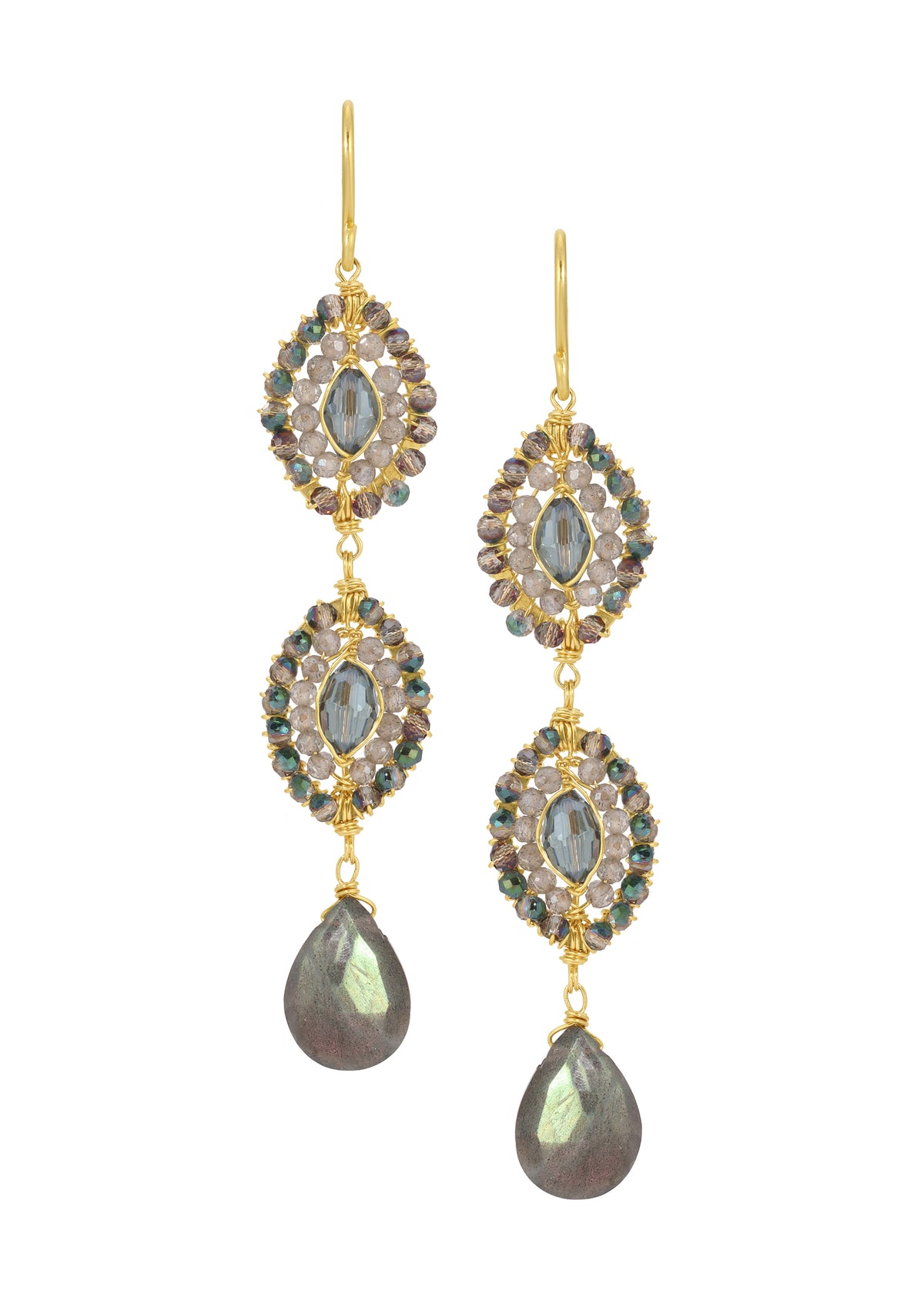 Labradorite earrings in 14k gold fill with hand wire-wrapped double marquis frames and faceted stone drops.