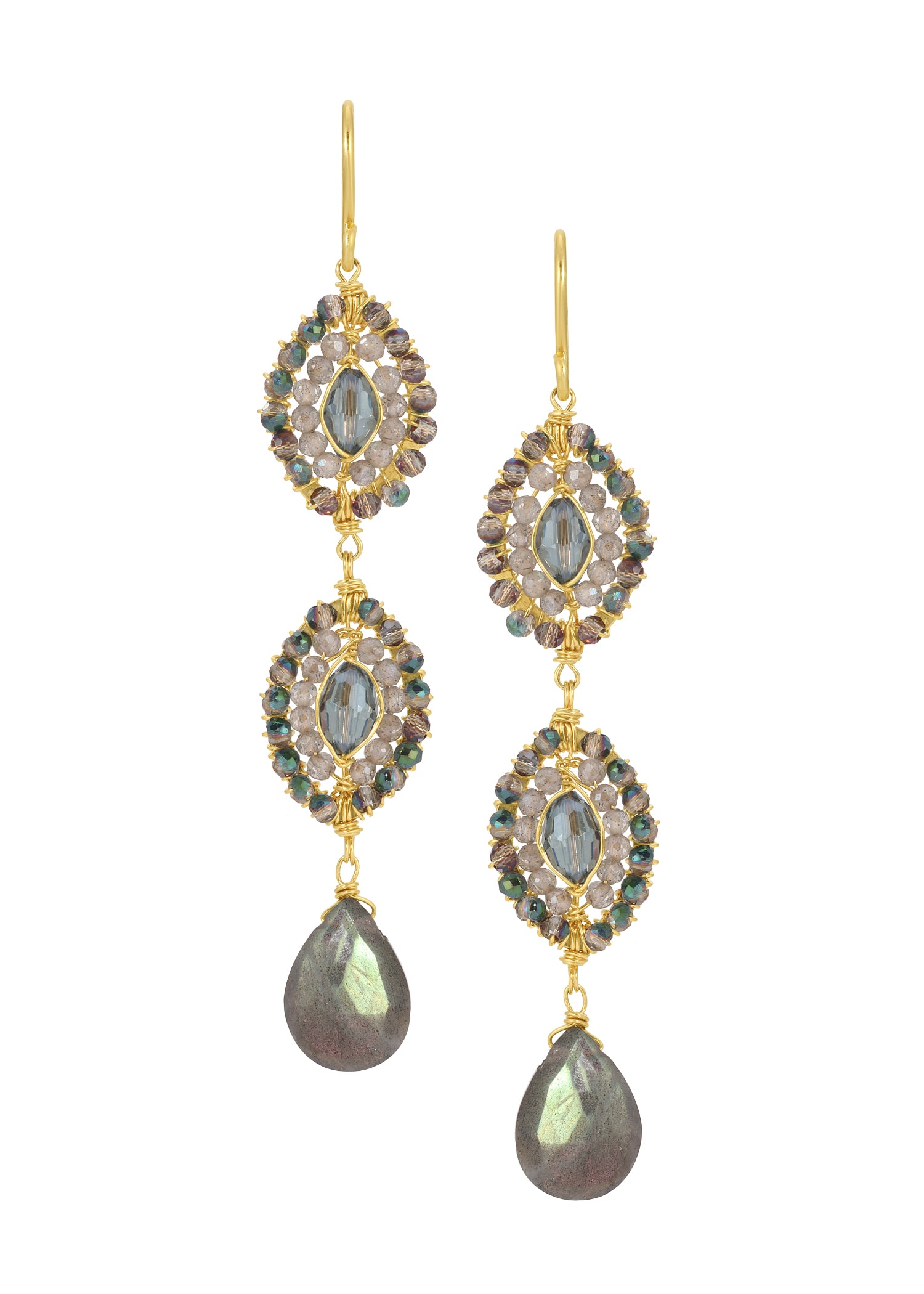 Labradorite earrings in 14k gold fill with hand wire-wrapped double marquis frames and faceted stone drops.