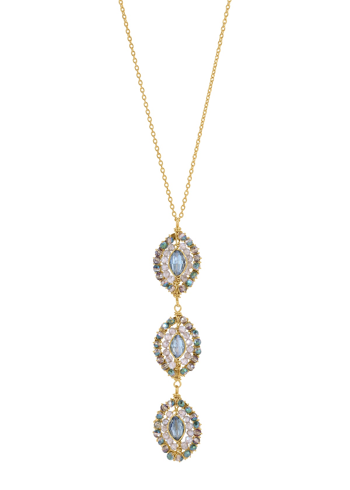 Triple labradorite pendant necklace in 14k gold fill with hand wire-wrapped marquis stones on a delicate gold chain.