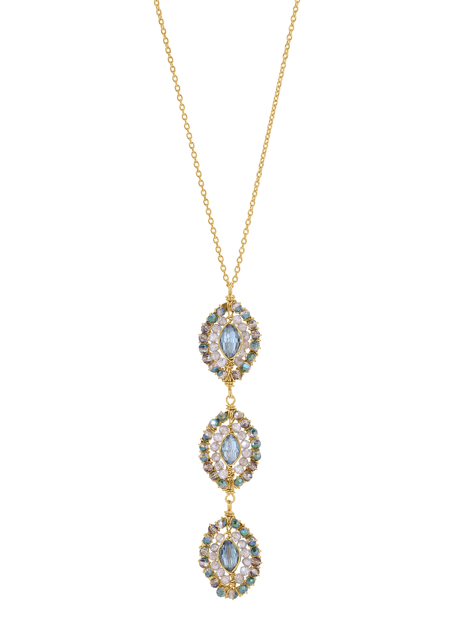 Triple labradorite pendant necklace in 14k gold fill with hand wire-wrapped marquis stones on a delicate gold chain.