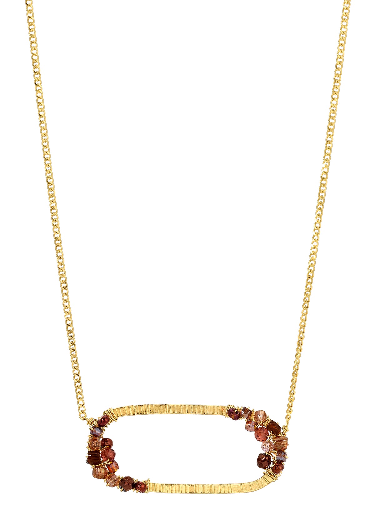 Claret cluster necklace with garnet pyrite crystals on a hand-textured 14k gold fill pendant and chain.