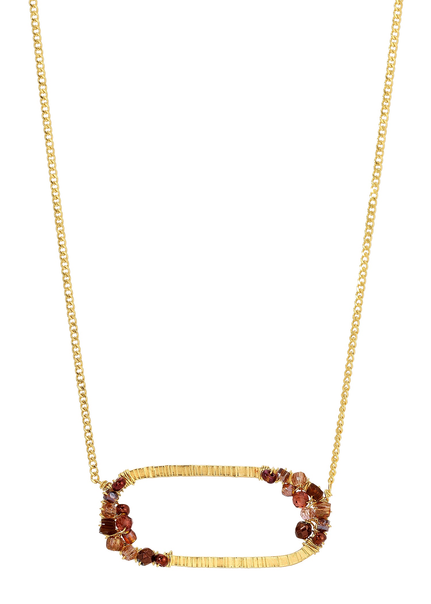 Claret cluster necklace with garnet pyrite crystals on a hand-textured 14k gold fill pendant and chain.