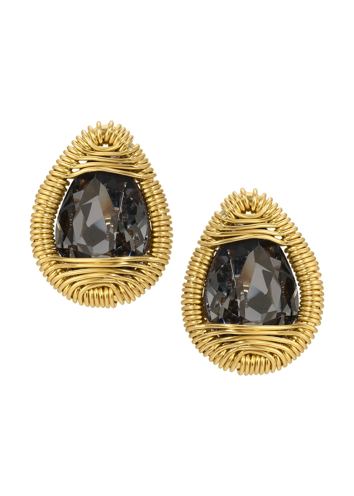 Crystal stud earrings with hand wire-wrapped 14k gold fill in a charcoal teardrop shape.