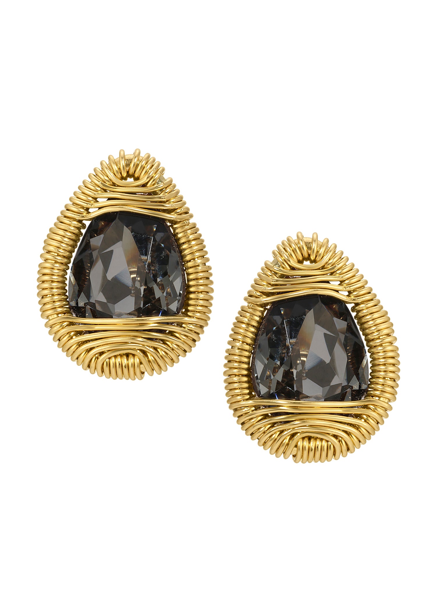 Crystal stud earrings with hand wire-wrapped 14k gold fill in a charcoal teardrop shape.