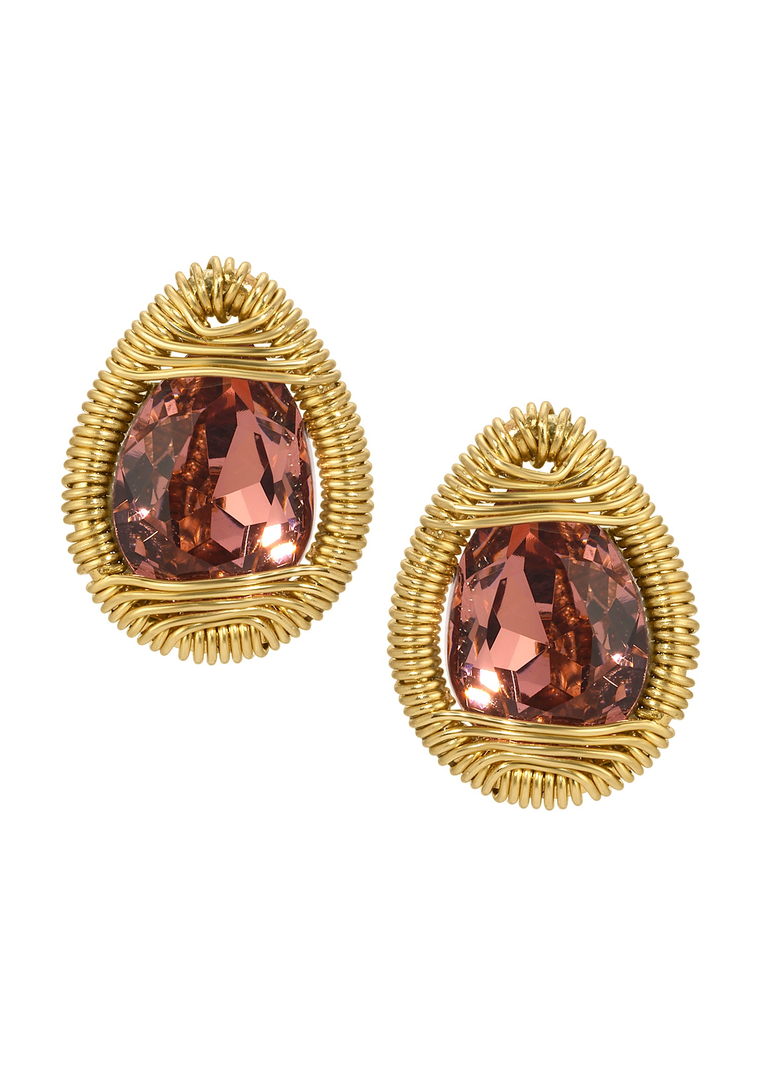 Crystal stud earrings in 14k gold fill with hand wire-wrapped pomegranate teardrop stones.