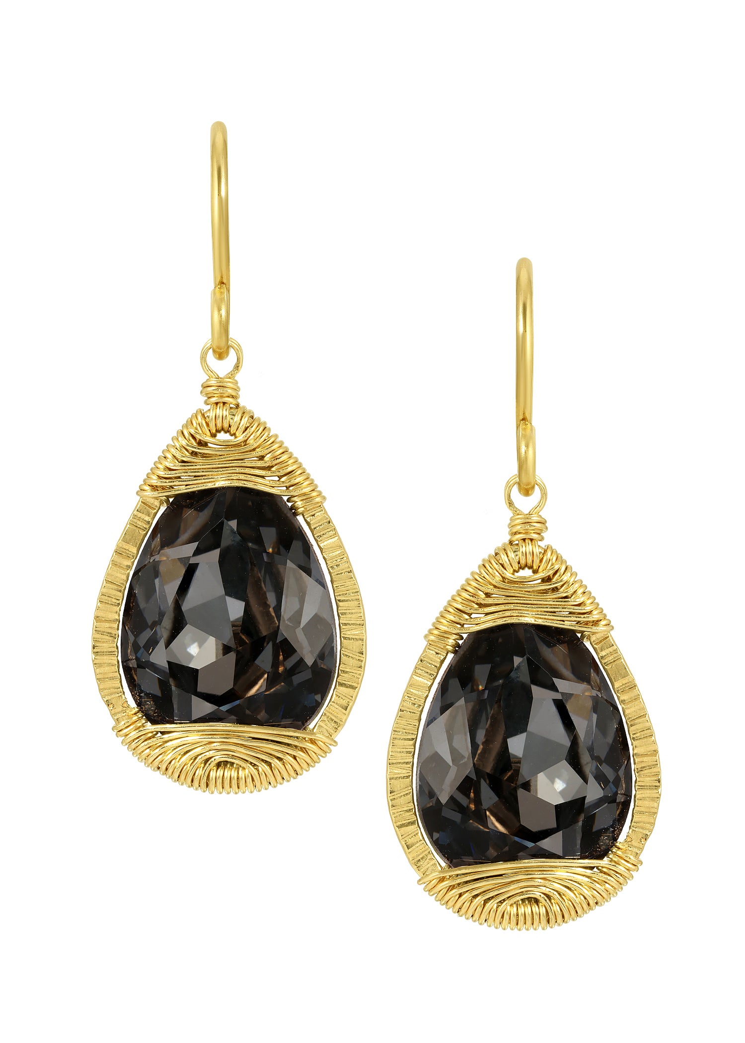 Crystal teardrop earrings in 14k gold fill with charcoal stones and hand wire-wrapped frames on ear wires.