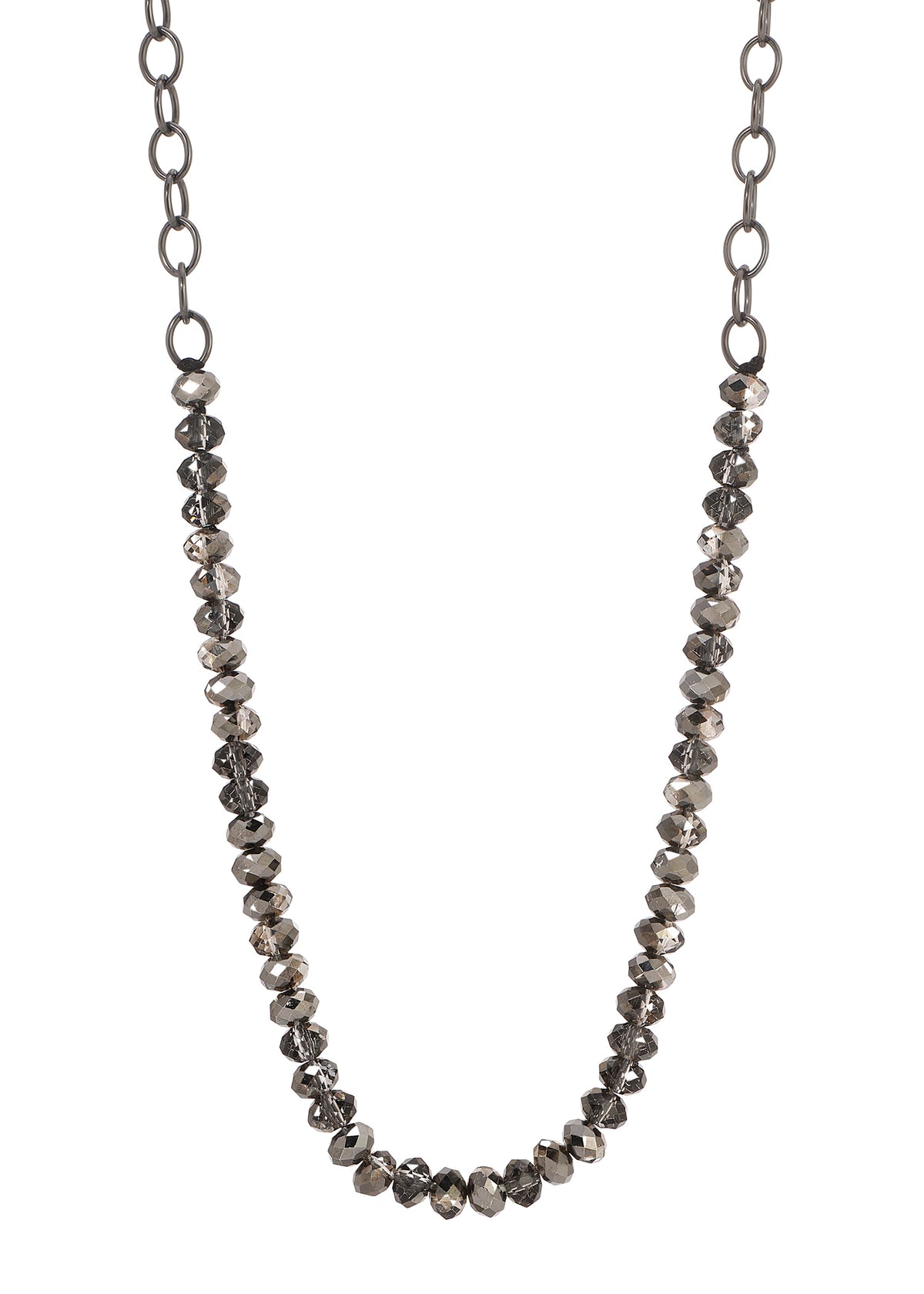 Crystal necklace featuring faceted black diamond crystals and a blackened sterling silver chain, 17 inches long.