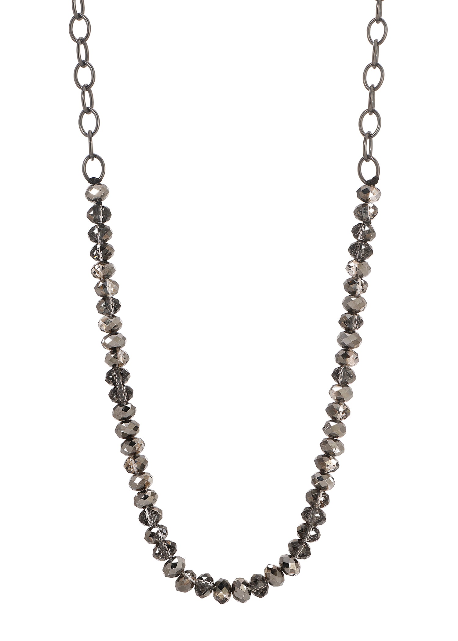 Crystal necklace featuring faceted black diamond crystals and a blackened sterling silver chain, 17 inches long.