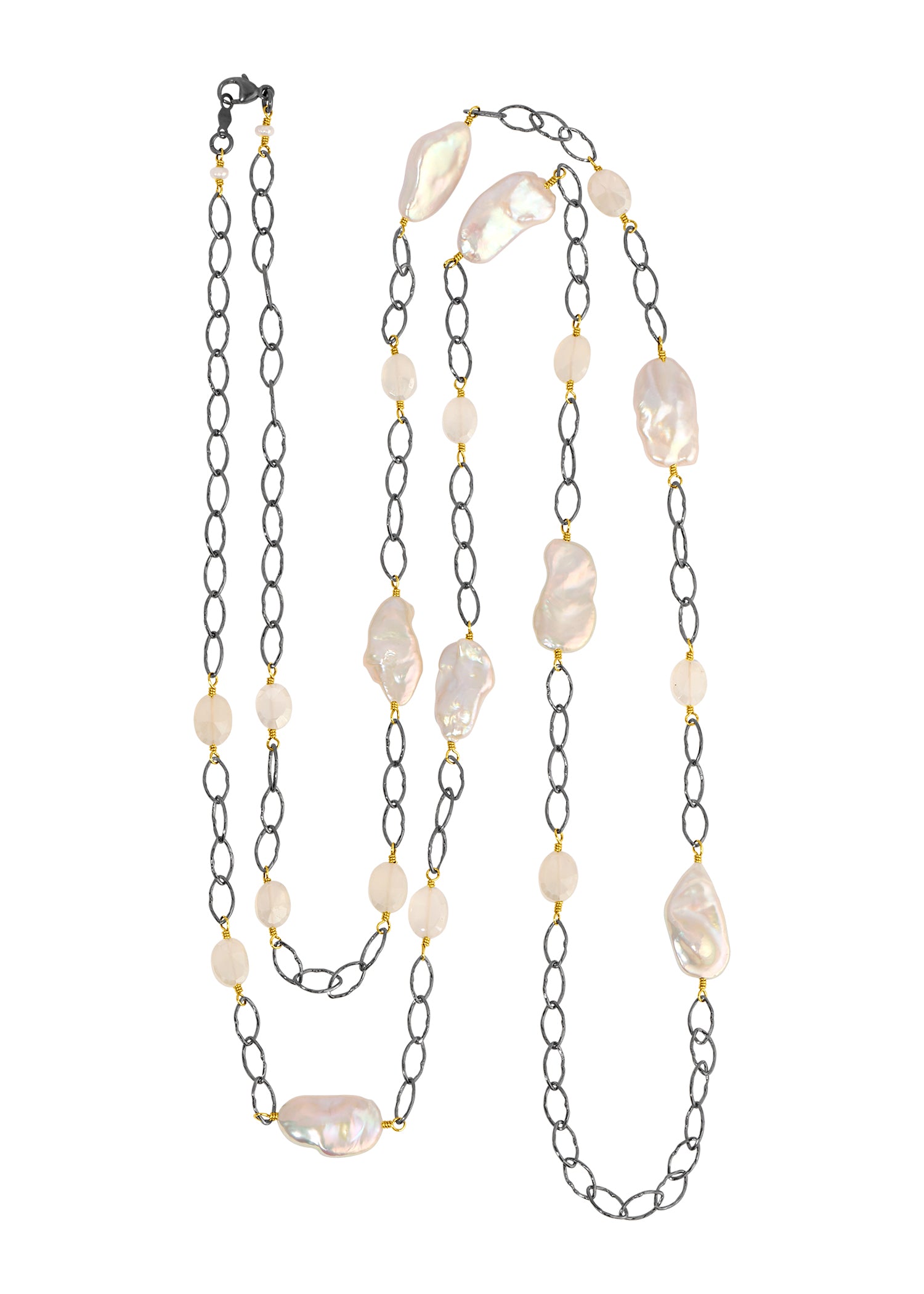Necklace with freshwater pearl and white chalcedony, 14k gold fill wire, and blackened sterling silver chain, 41 inches.