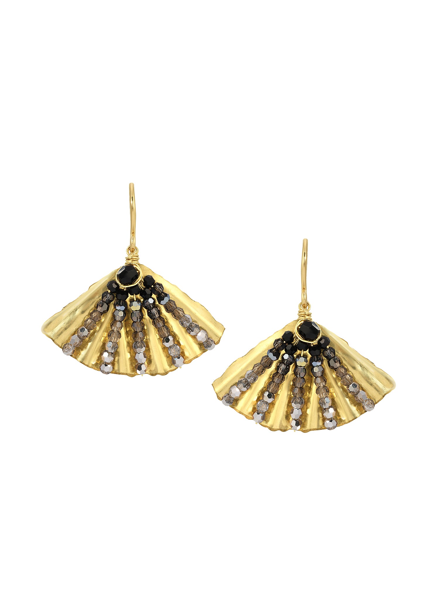 Seed bead fan earrings in 14k gold fill with black and grey ombré beads and hand wire-wrapped details.