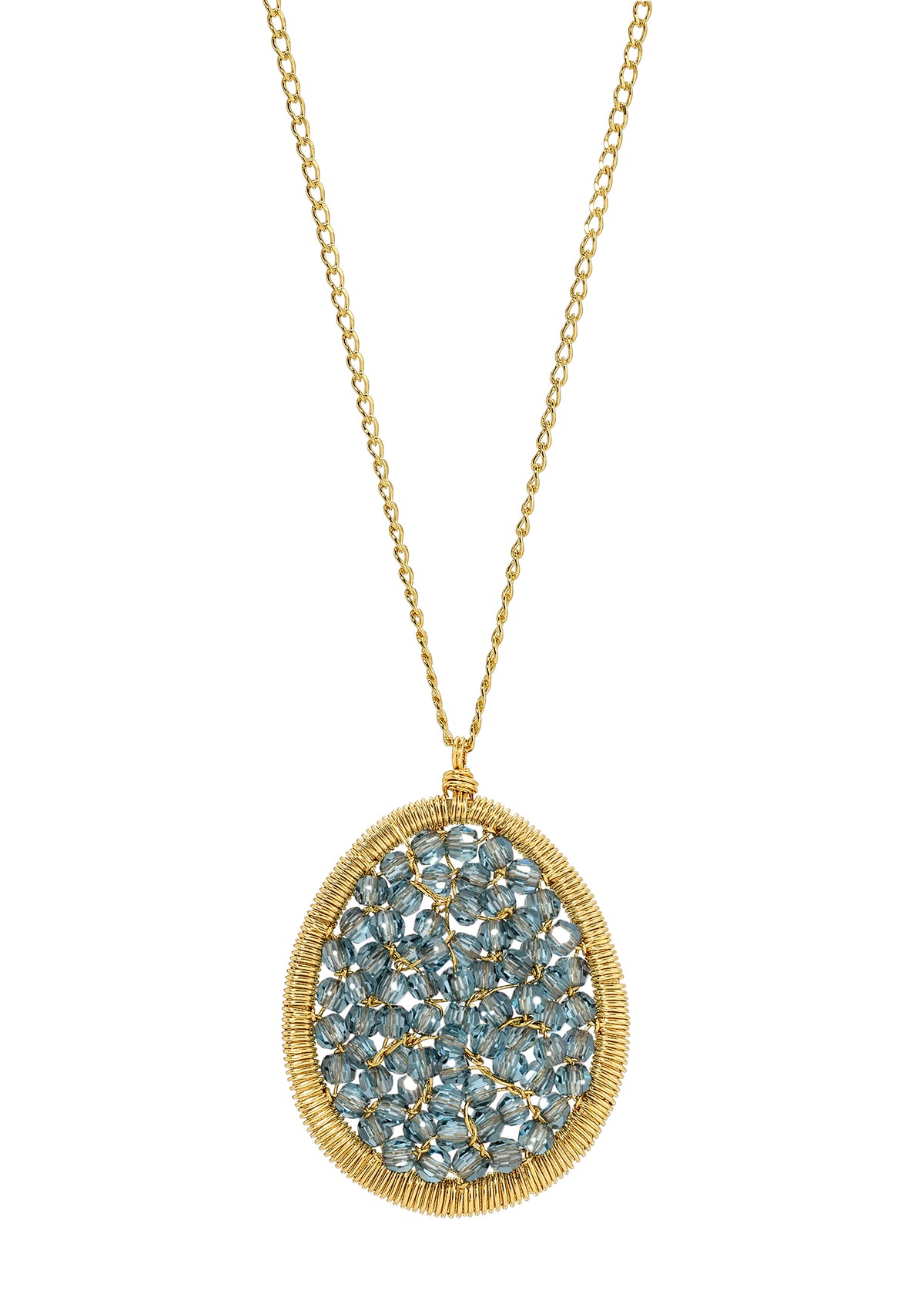Denim blue crystal egg mosaic necklace in 14k gold fill with a hand wire-wrapped oval pendant on a delicate curb chain.